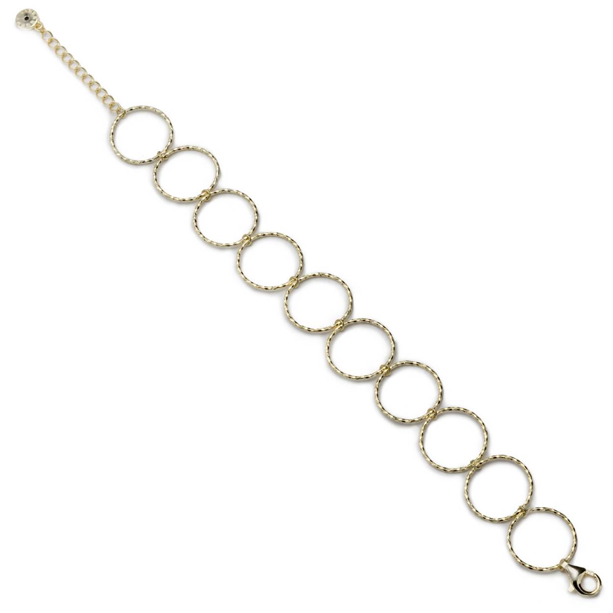 Gold plated silver link bracelet with boho style hoops design for women. Gold plated silver link bracelet made up of rough hoops. A boho-chic style design that will raise the level of all your looks both day and night and you can combine with earrings and matching necklace. This model will stylize you and make your looks unique.