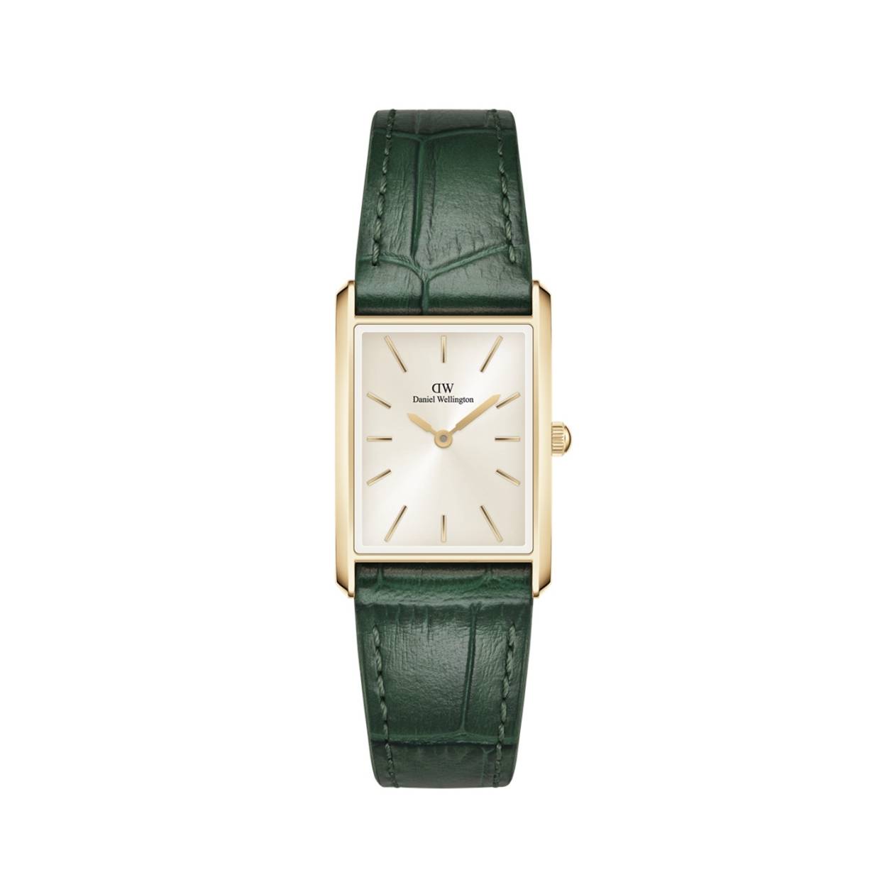 Met strakke geometrische randen en twee maten om uit te kiezen, brengt onze Bound-collectie perfecte symmetrie aan je pols. De gebogen rechthoekige kast van dit gouden horloge komt exact overeen met de breedte van de smaragdgroene leren band met krokodillenpatroon, waardoor je een naadloos geïntegreerde champagne sunray-wijzerplaat krijgt.