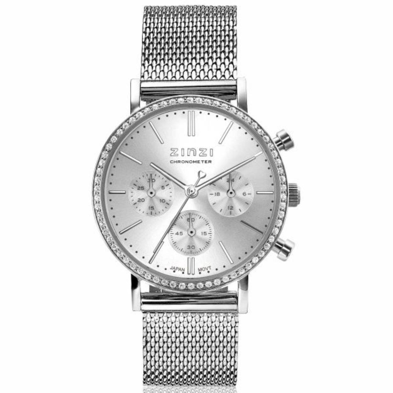 Dit nieuwe Zinzi Chronometer horloge (36mm) is een sportieve eyecatcher. De rand van de zilverkleurige ronde kast is bezet met witte crystals en op de zilverkleurige 'sunray' wijzerplaat sieren 3 chronograph meters . De stopwatch is makkelijk te bedienen en geeft het horloge een stoere uitstraling. Deze 'Chrono Grace' is voorzien van een trendy stalen mesh band in de kleur zilver. Ook 5atm waterbestendig (tegen regen en spatwater) en met sterk mineraal glas.