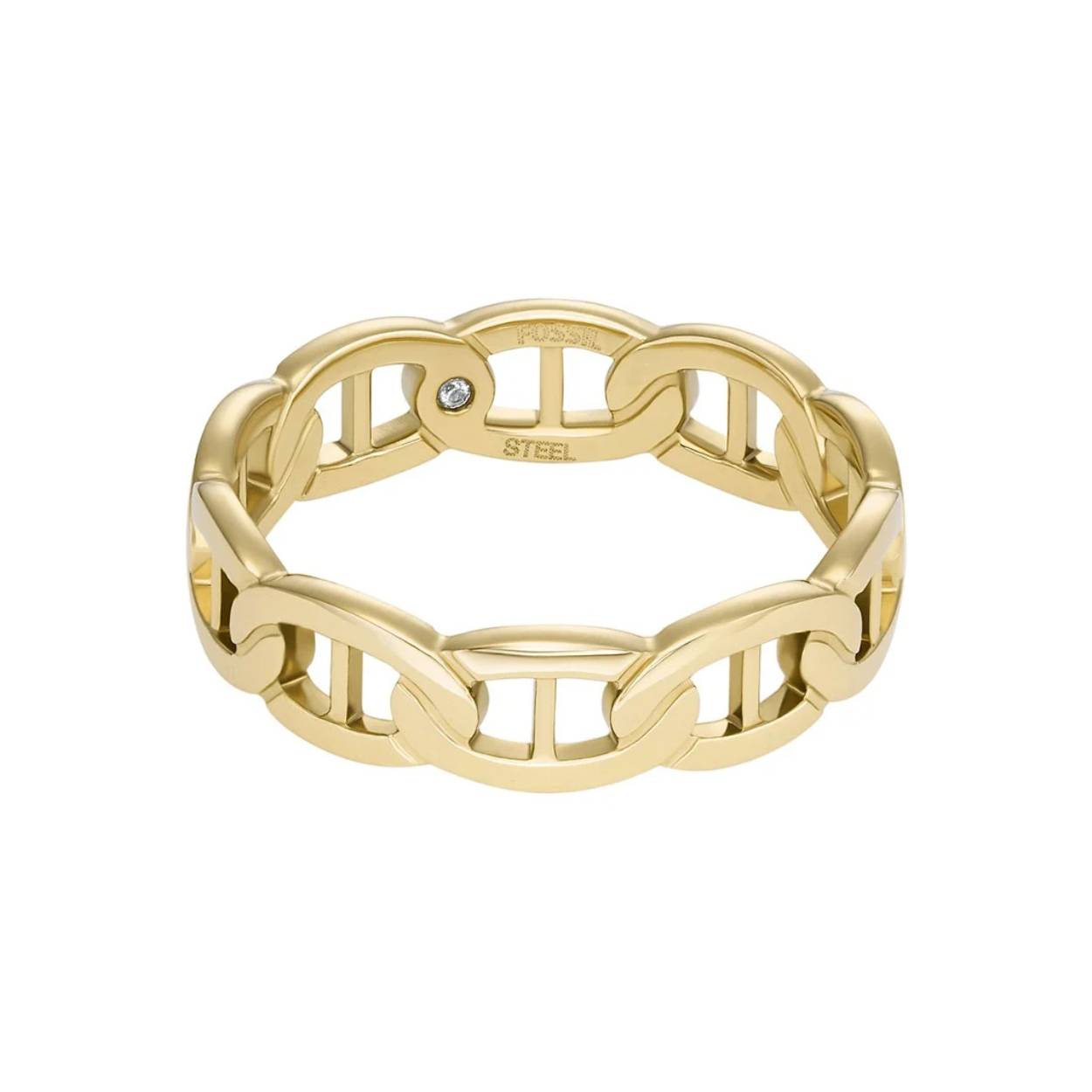 Onze Fossil Heritage-sieradencollectie is een eerbetoon aan een gedurfd en tijdloos ontwerp. Deze goudkleurige roestvrijstalen ring is voorzien van onze Heritage D-link ketting met een geborstelde afwerking.