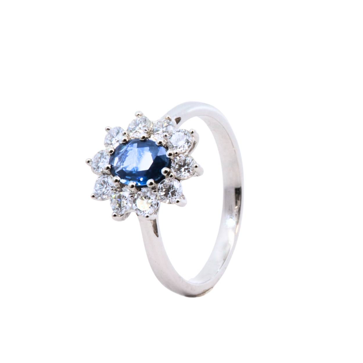 Witgouden ring 18Kt met saffier en diamant