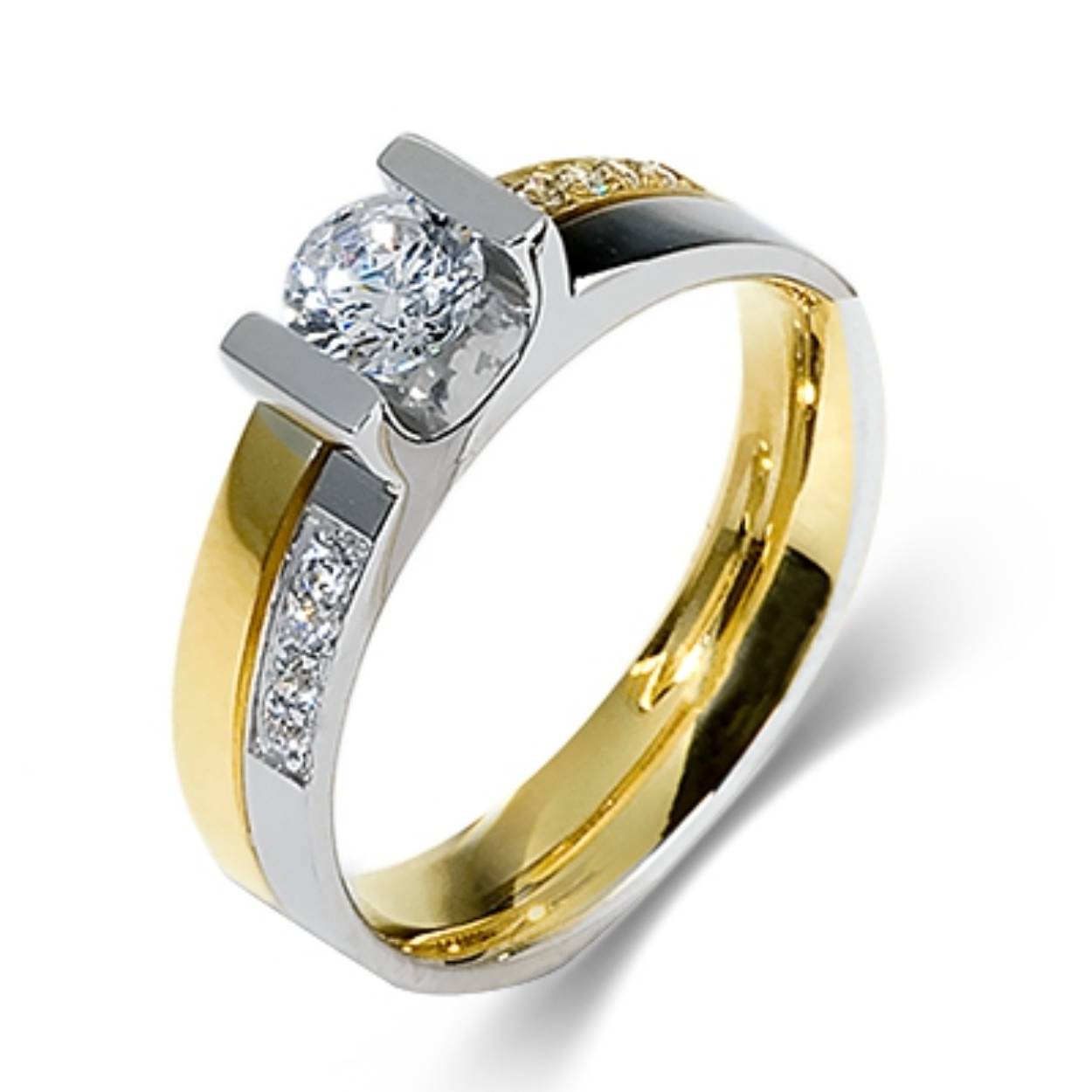 585 bicolor trouwringen geel/witgoud 5 mm breed, glanzend. De damesring is gezet met totaal 0.66 ct briljant 9 steens
De prijs op aanvraag