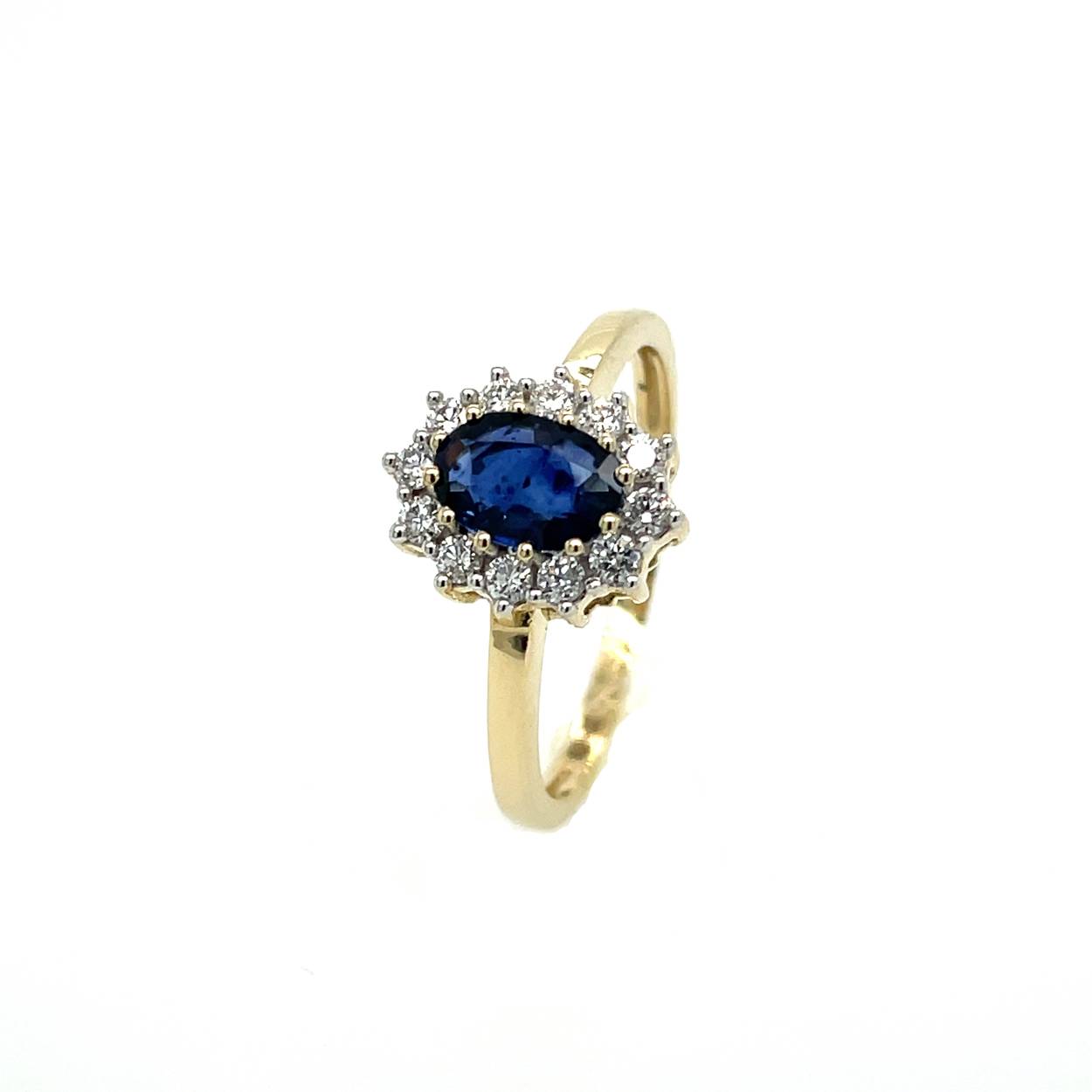 Entouragering geelgoud - 14kt - saffier 0.79ct - briljant 0.15ct