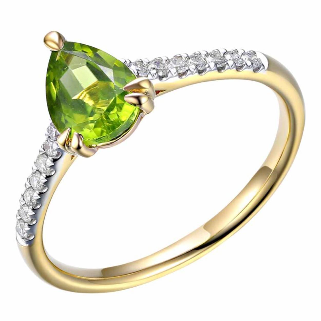 14k gouden ring met peridoot en diamanten. peridoot 1.06 caraat en diamanten 0.15 h si 