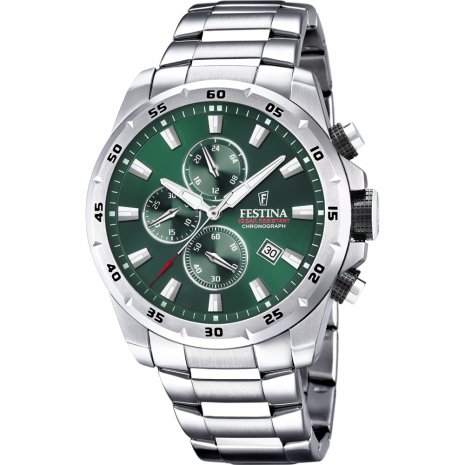Festina herenuurwerk uit de 'Chrono sport' collectie - Zilverkleurige band en kast in edelstaal - Groene wijzerplaat multifunctie met datumaanduiding - Chronograaf - Waterdichtheid: 10 ATM