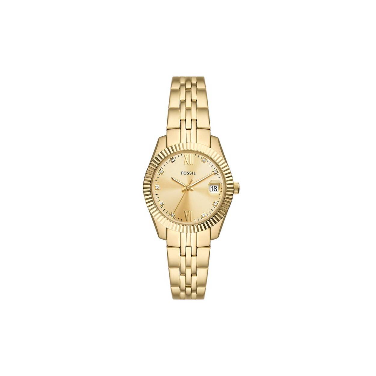 Deze Scarlette van 32 mm heeft een gouden sunray-wijzerplaat, een uurwerk met drie wijzers en datum, en een goudkleurige roestvrijstalen armband.