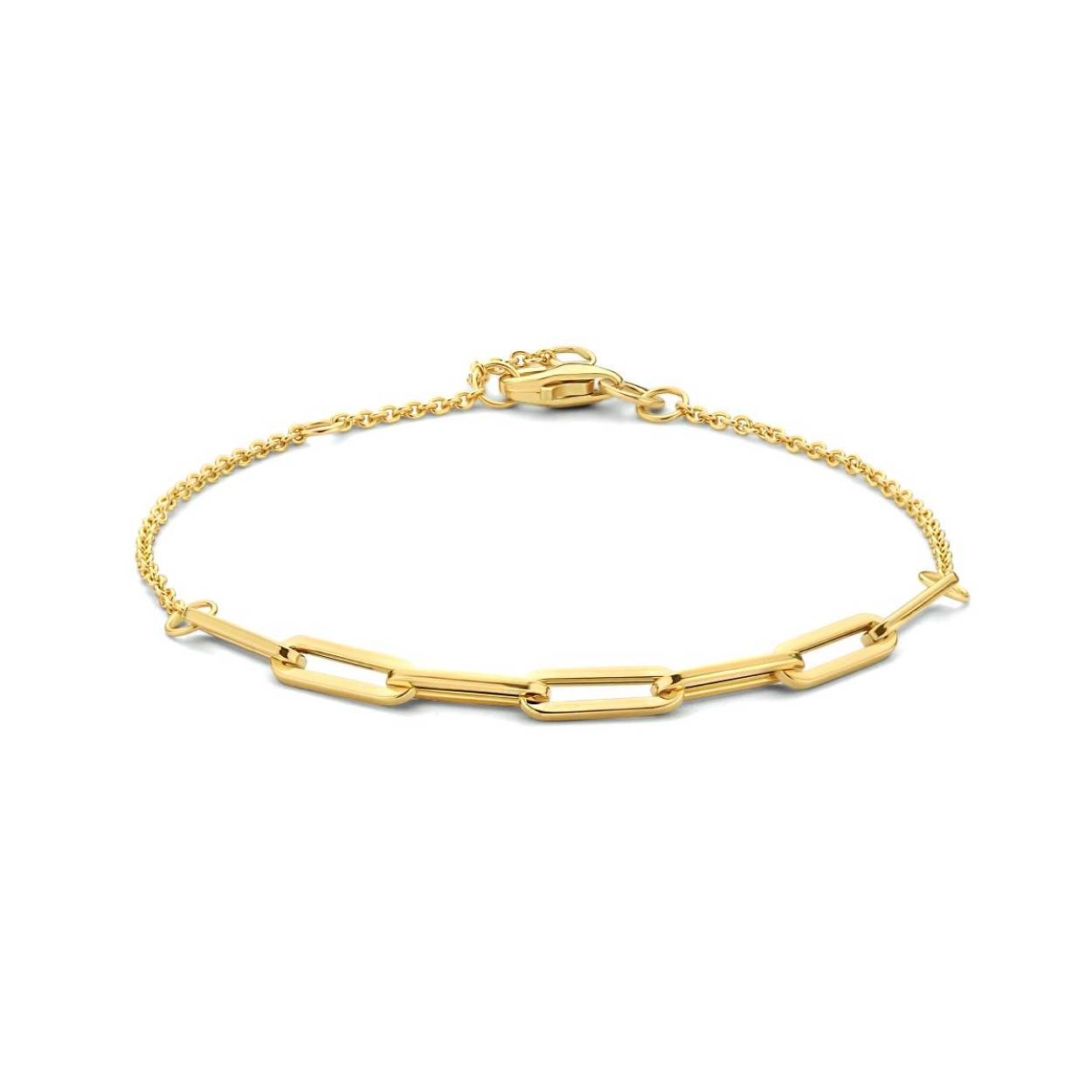 14k Geelgouden armband met een anker schakel van 1.4mm en een paperclip schakel van 3.5mm. De armband heeft draaglengtes van 16, 17,5 en 19cm. Uitgevoerd met een karabijn sluiting.
