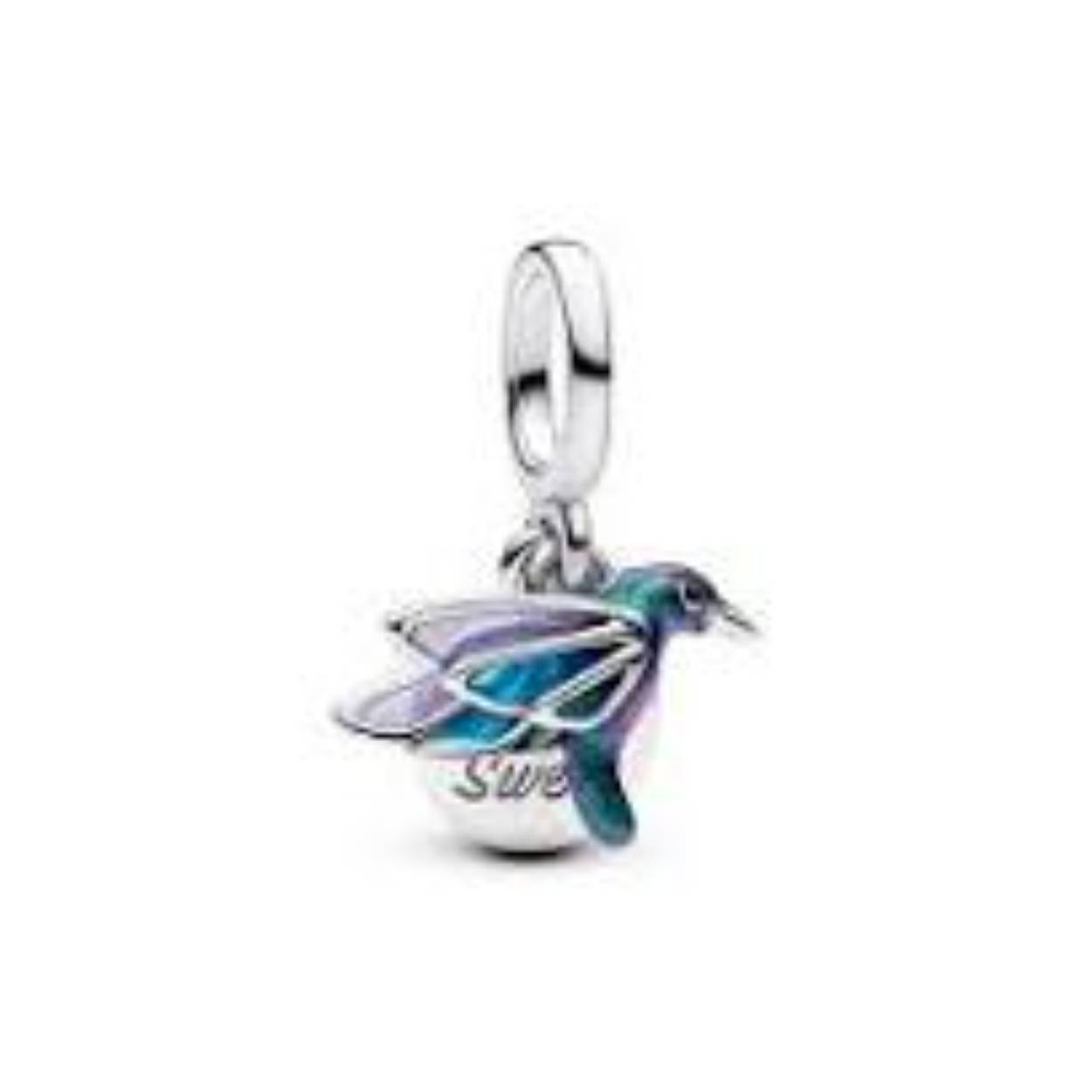 Hummingbird sterling silver double dangle with glittery green, black, blue and purple enamel