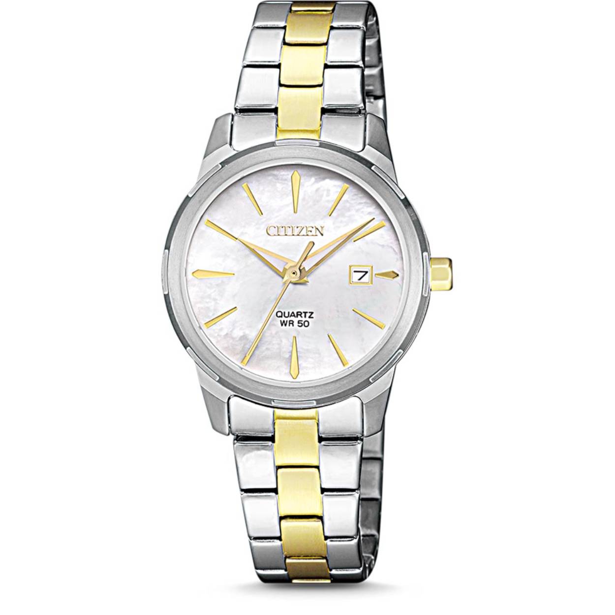 Dit quartz horloge van het merk Citizen is een prachtig horloge. Het horloge heeft een kast gemaakt van staal en een zilverkleurige en goudkleurige band gemaakt van staal.