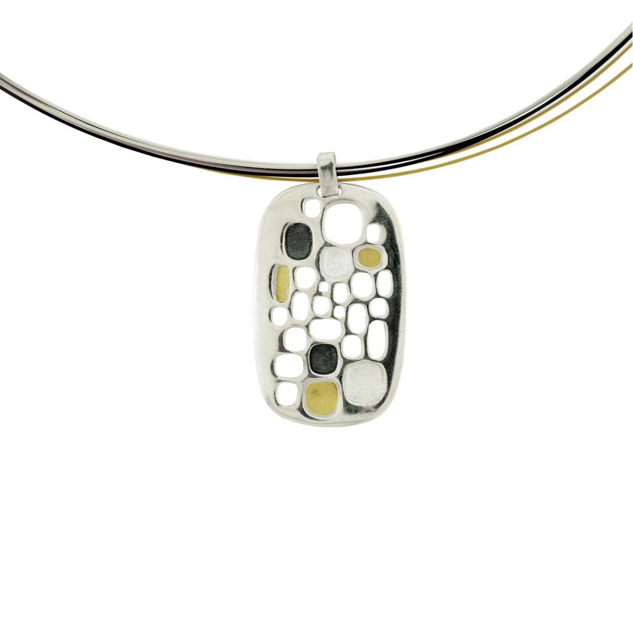 925 white silver pendant combined with oxidized silver and 18k yellow gold.