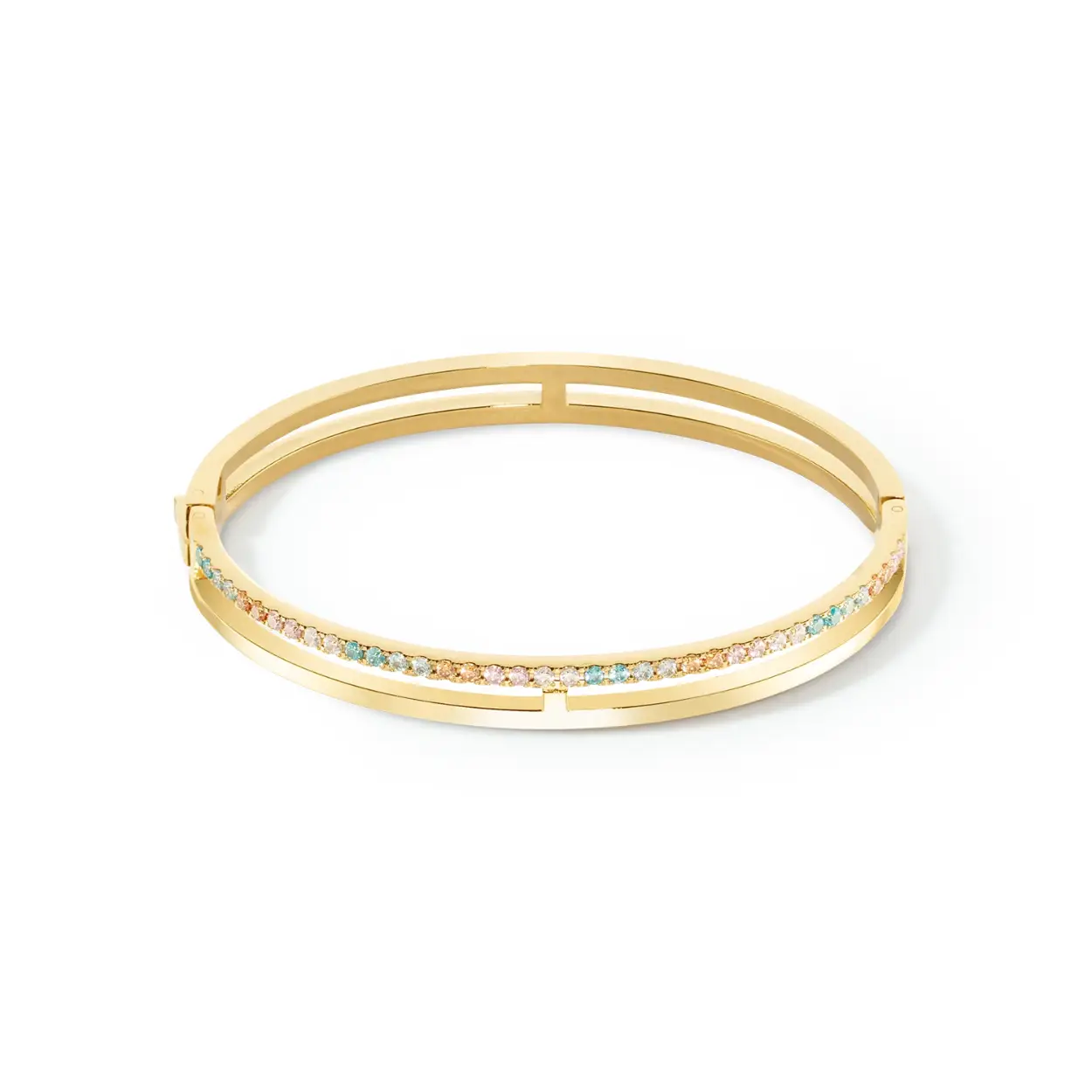 Coeur de Lion Bangle in verguld staal met glinsterende zirkonia in pastel kleuren.