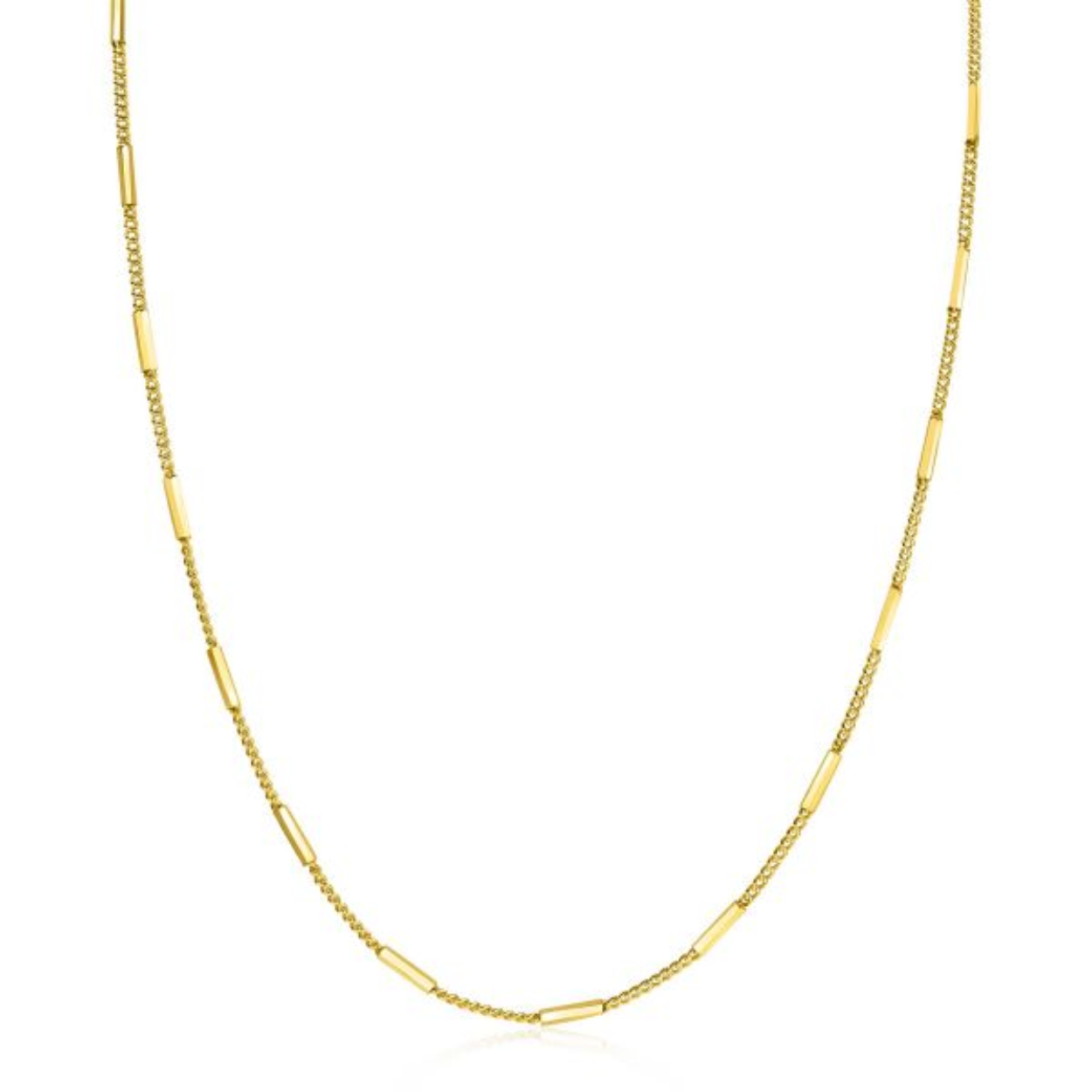 ZINZI gold plated zilveren gourmet ketting 45cm, gecombineerd met mooie glanzende staafjes (1,6mm breed). De lengte is te variëren van 40 tot 45cm. De ketting is vervaardigd van eerste gehalte zilver (925) en voorzien van een extra 14K geel vergulding.