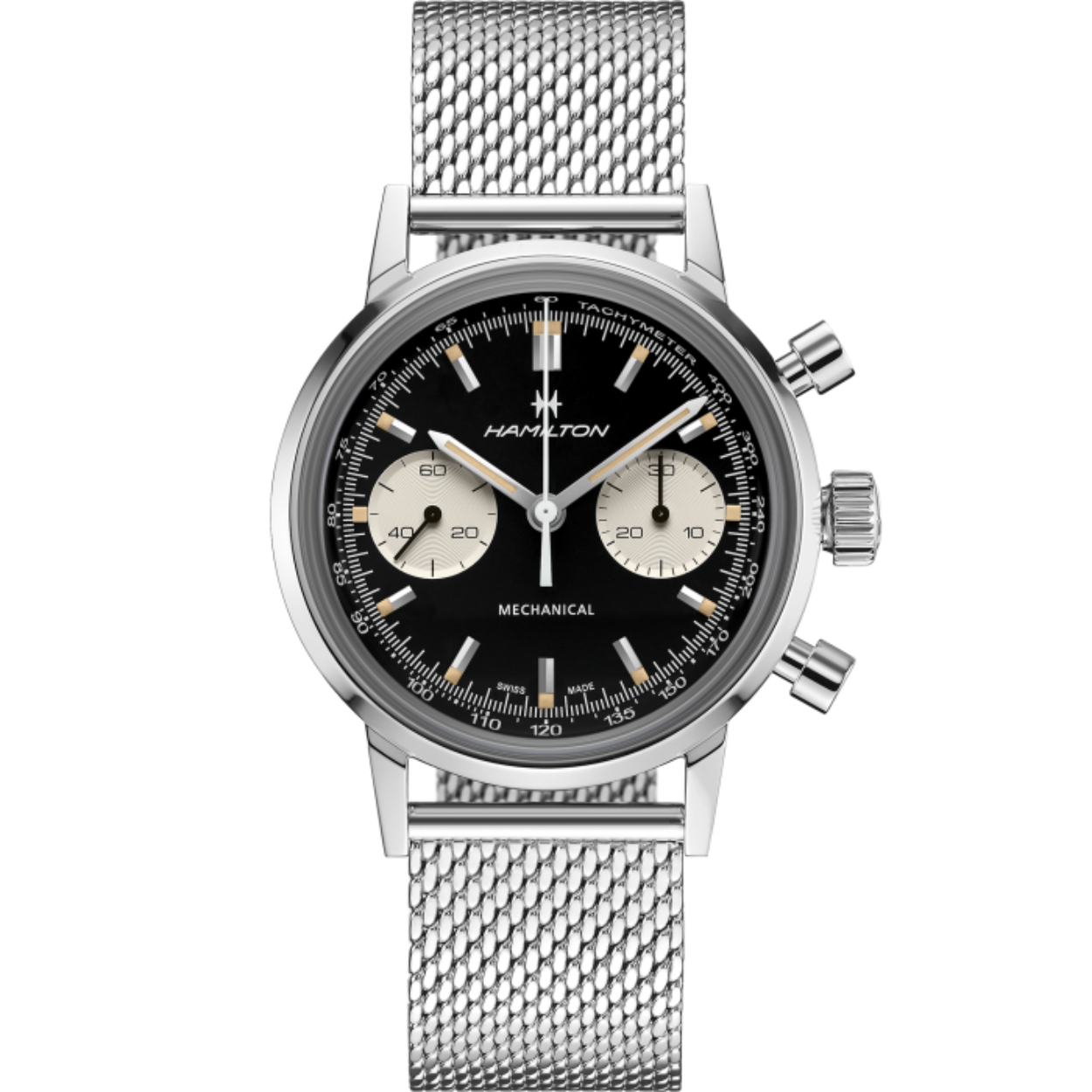 Mechanical | 40mm | H38429130

Bij elke handmatige opwinding van de Intra-Matic Chronograph H. voelt u de kracht van pure emotie, voortvloeiend uit de kern van de horlogemakerskunst. Dit H-51-horloge wordt aangedreven door ons nieuwe, exclusieve handopwindbare chronograaf uurwerk en is als het ware een "aanvulling voor de ziel”. Een doosvormig saffierglas met dubbele antireflecterende coating beschermt onze kenmerkende pandawijzer en voegt een extra laagje Hamilton-authenticitieit toe aan deze mechanische versie van een vintage-geïnspireerde favoriet.
