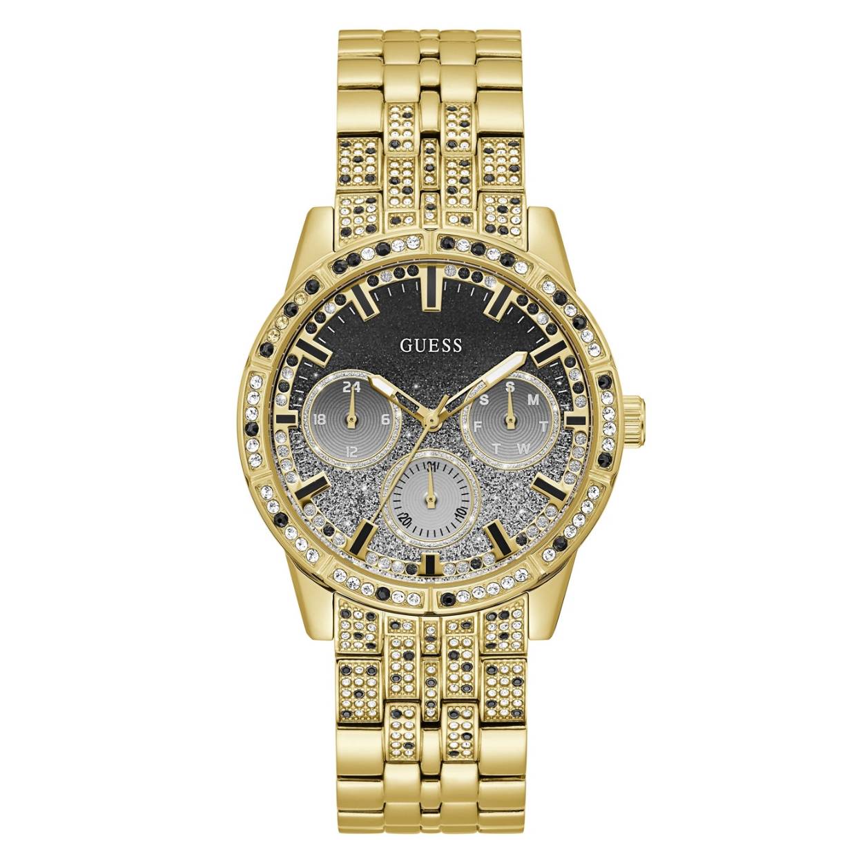 Guess dames horloge. Goudkleurige band en kast. Zwarte en witte zirkonia in de band en de bezel. 