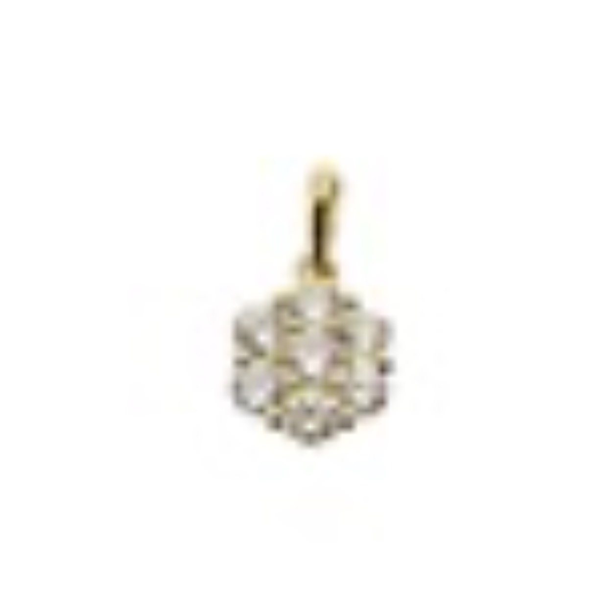 Geelgouden hanger met zirkonia. 

Doelgroep:Dames
Metaalsoort:Geelgoud
Metaalgewicht:circa 0,33 gram
Bewerking:poli
Steensoort:Zirkonia vlak
Steenkleur:Transparant
Slijpvorm:Briljant
Zetwijze:Pavé
Diameter:8mm