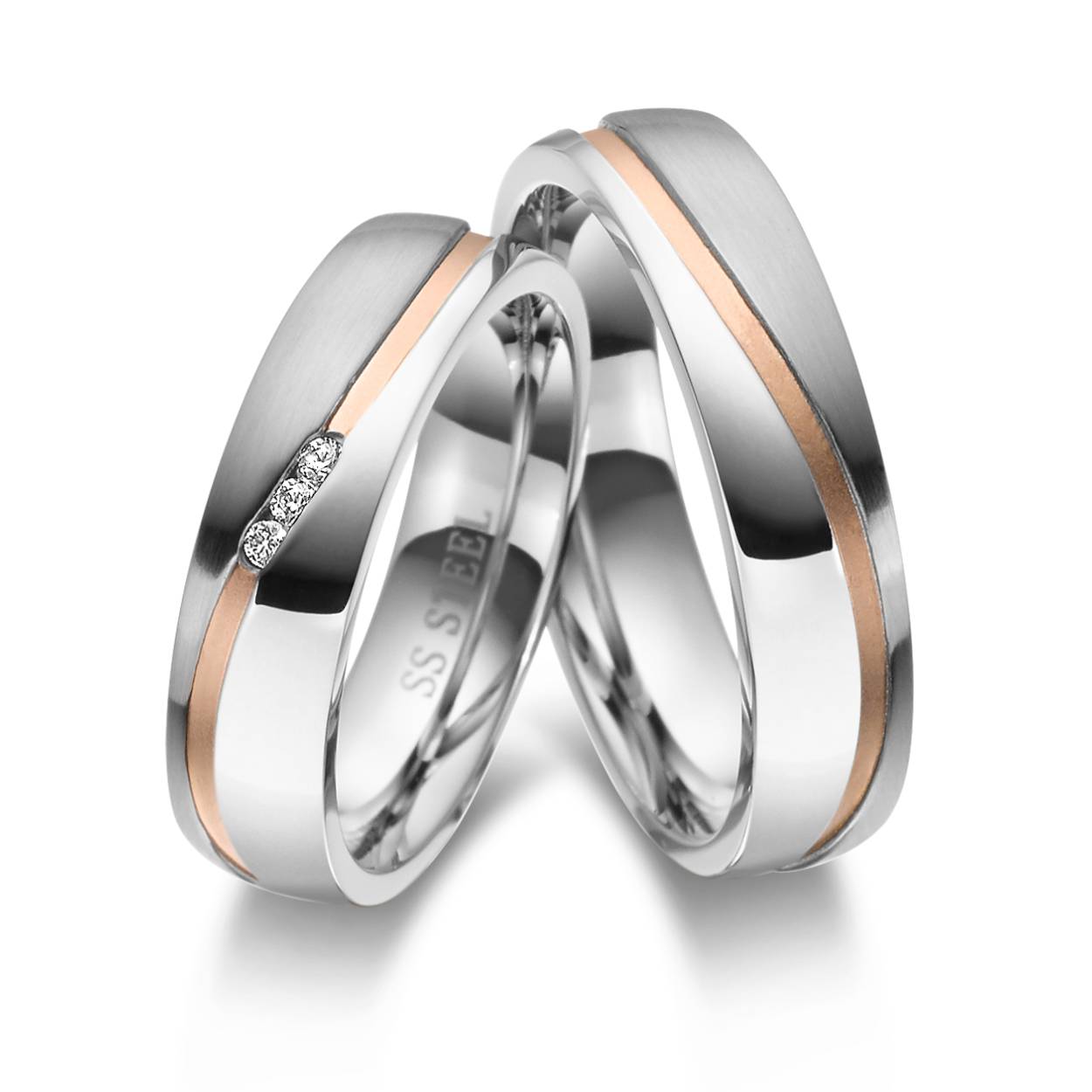 Damesring staal met zirkonia, bicolor rosé.