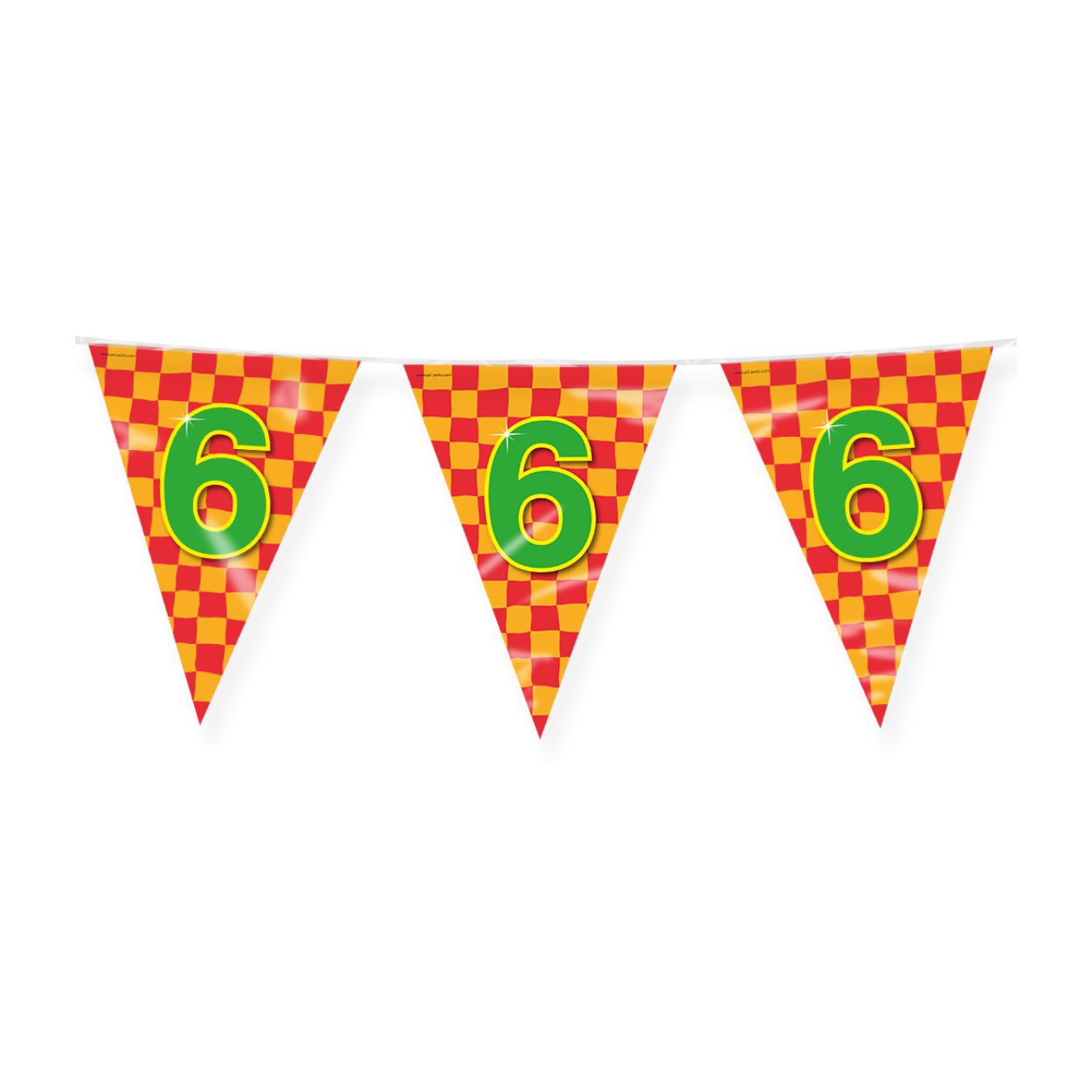 De Happy party flags 6 zijn de ideale versiering op de verjaardag van een 6-jarige. Door de vrolijke kleuren vallen deze party vlaggen dan ook extra goed op! De aan beide kanten bedrukte vlaggetjes zijn gemaakt van folie, hebben een lengte van 10 meter