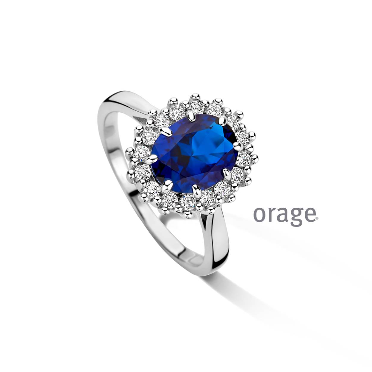 Orage ring zilver blauwe entourage en zirkonia steentjes