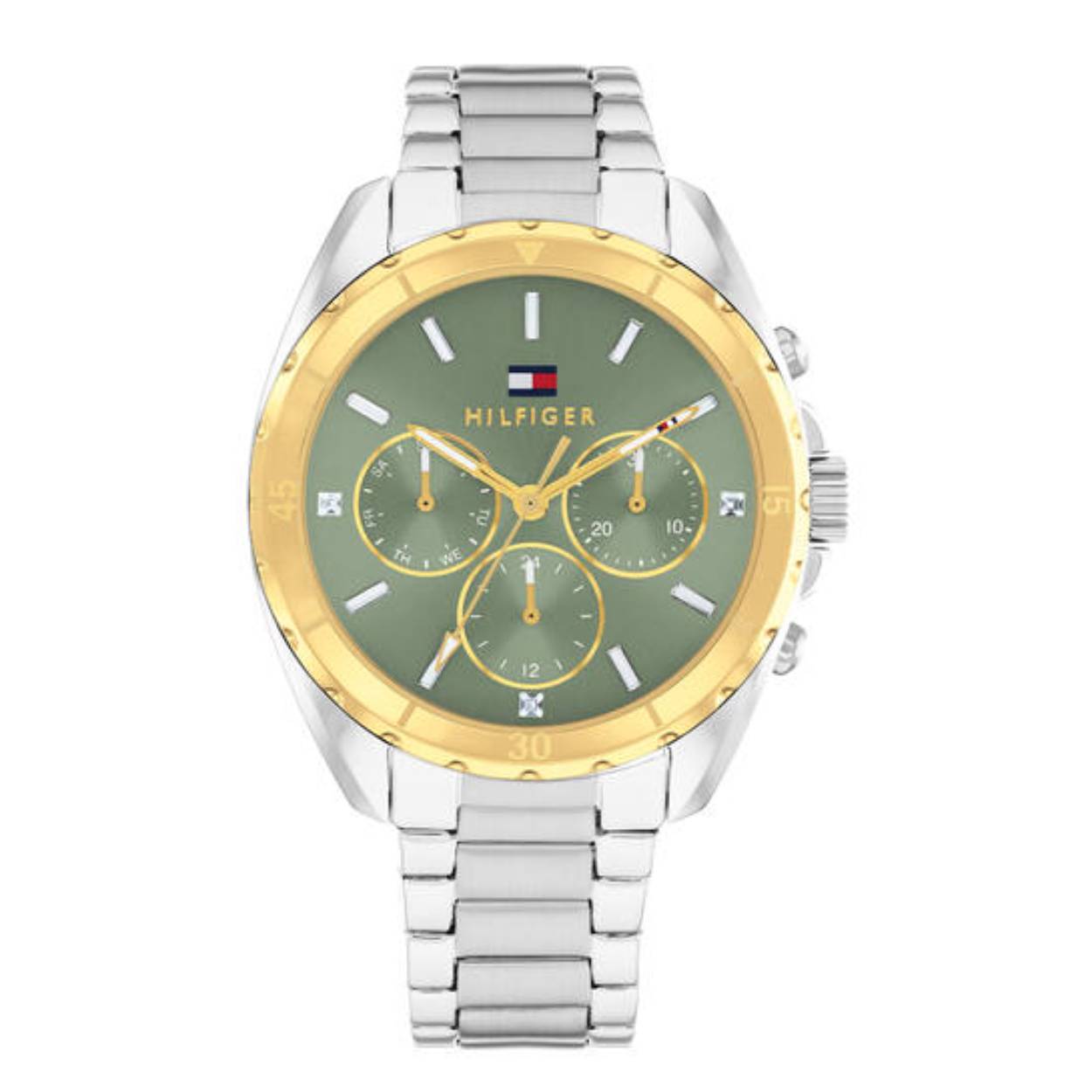 Tommy HIlfiger dames horloge 'Mellie' TH1782785 
met grijs/groene wijzerplaat en prachtige bicolour schakelband