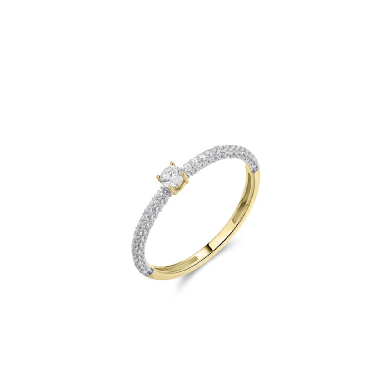 14k gouden ring met in het midden een zirkonia geplaatst in een chaton met vier zetpoten. Naast de steen zijn kleinere zirkonia's geplaatst in een pavé zetting.