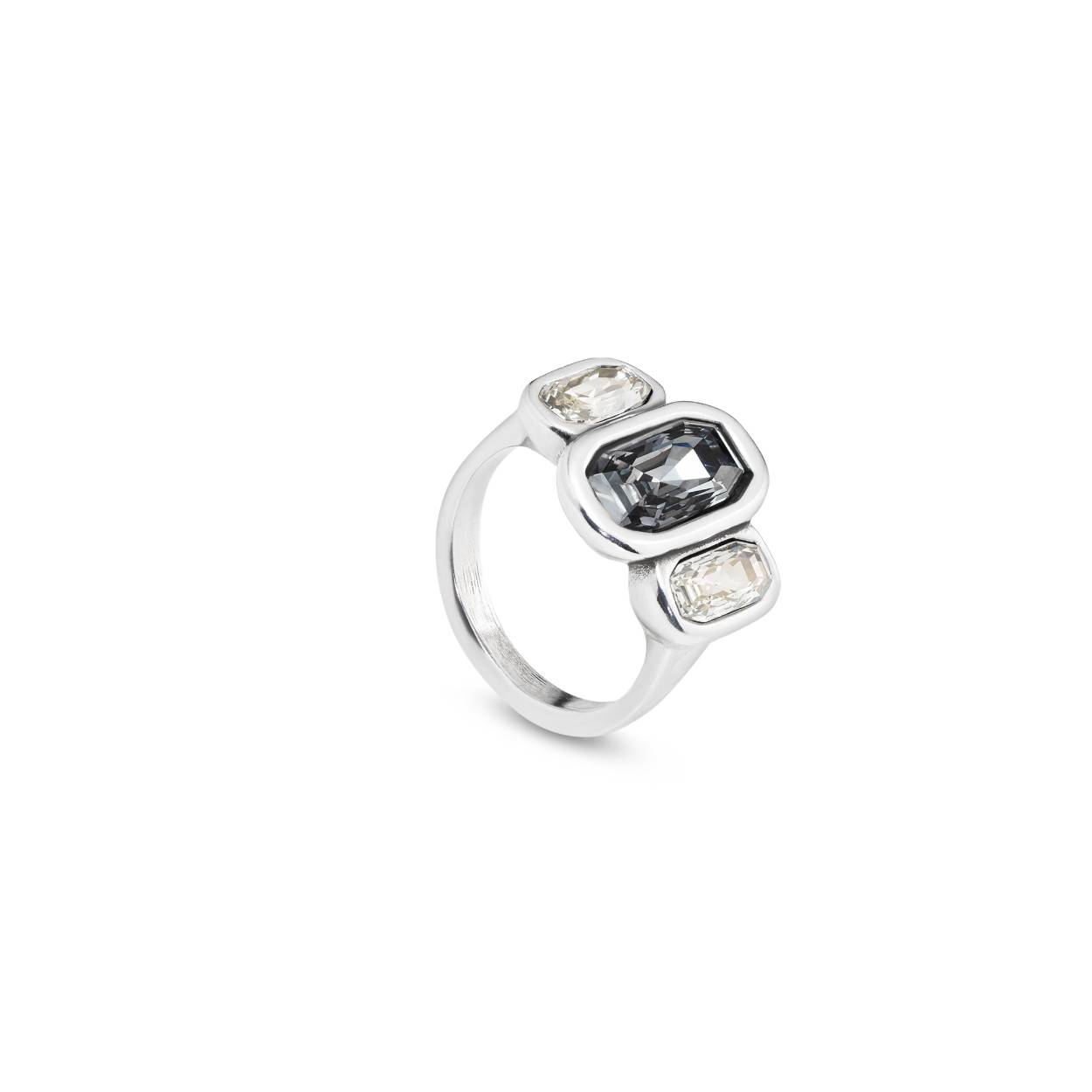 ZILVEREN RING MET 1 GRIJZE EN 2 WITTE KRISTALLEN