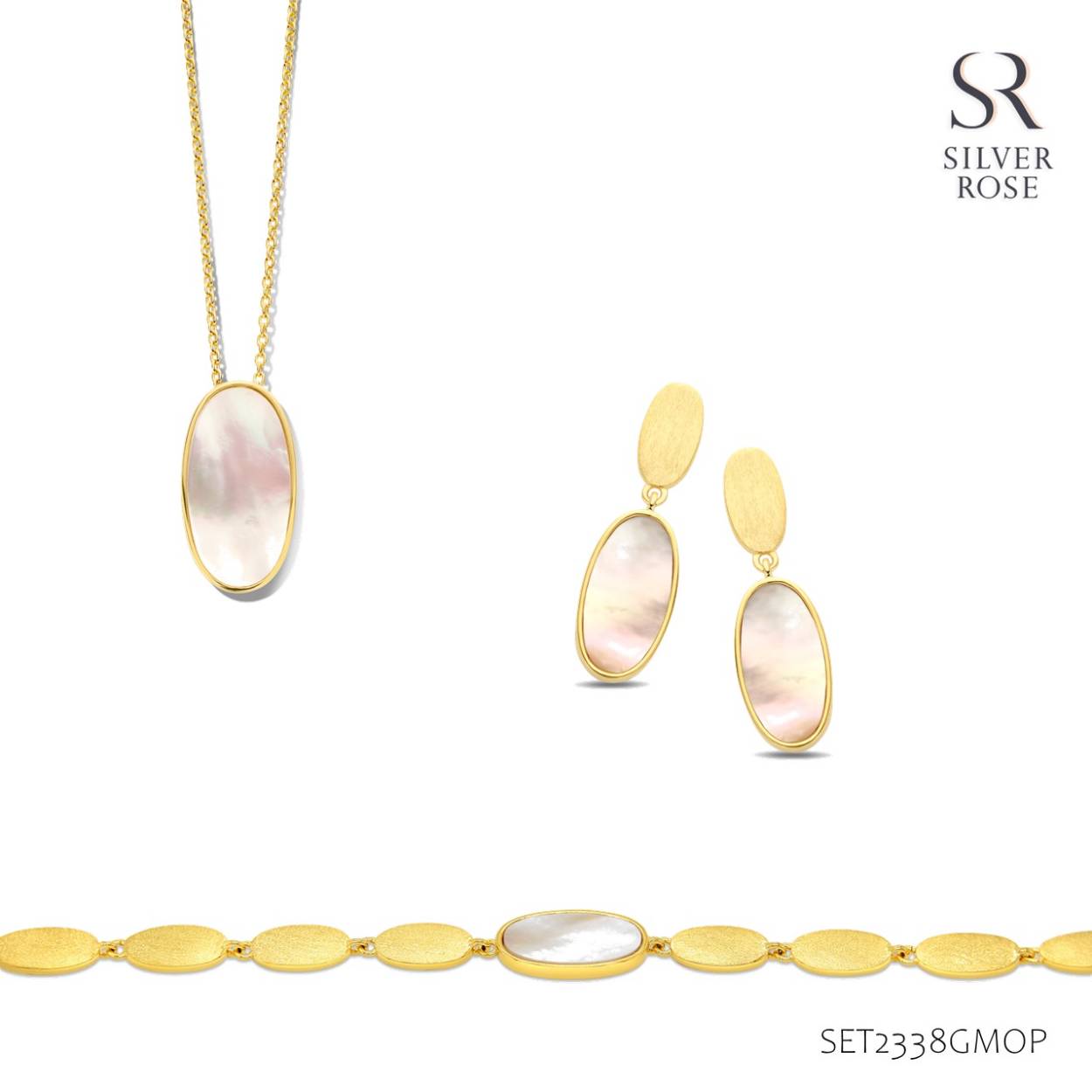 Goudkleurige oorbellen met 'mother of pearl' van het merk Silver Rose
Materiaal: 925 zilver, verguld
Bijhorende ketting met hanger en armband ook verkrijgbaar