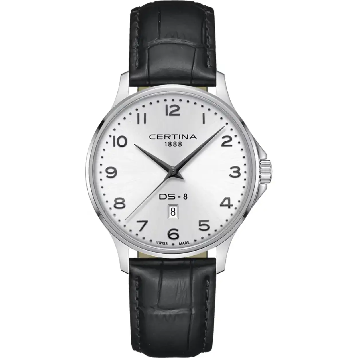 Certina DS 8 heren horloge C0454101603200. Het horloge heeft een quartz uurwerk wat geplaatst is in een zilveren edelstalen kast. Op de grijze wijzerplaat is analoge tijdsweergave zichtbaar. Aan de kast zit een zwart leren horlogeband met een zilveren stalen gesp.

Het horloge is 100m waterdicht en voorzien van een saffierglas.

Het Zwitserse Certina staat garant voor luxe kwaliteit. Niet alleen qua stijl onderscheidt Certina zich van de rest, ook de technologie is een belangrijk aspect van de Certina-filosofie. De door Certina volledig doorontwikkelde DS-technologie zorgt voor een optimale bescherming van het uurwerk op het gebied van schokken en waterdichtheid. Certina biedt een grote vari&euml;teit aan stijlen. Het merendeel van de door Certina vervaardigde horloges heeft een sportief tot zeer sportief karakter, zoals de dames- en herenhorloges uit de DS Podium-collectie. Maar met de Certina DS One en DS Powermatic spreekt de fabrikant ook tot de verbeelding van liefhebbers van traditioneel design.