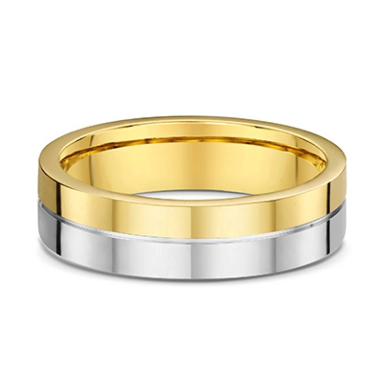 Bicolor trouwring met in de damesring 14 diamanten. Beide ringen zijn 5 mm breed