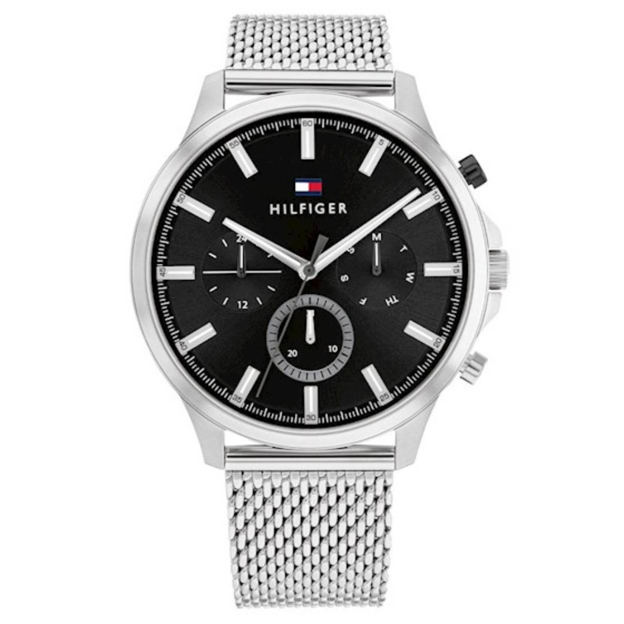 Dit horloge heeft een 44 mm stalen kast met zwarte wijzerplaat. De stalen details in combinatie met de milanese band maken dit een prachtig heren horloge.


