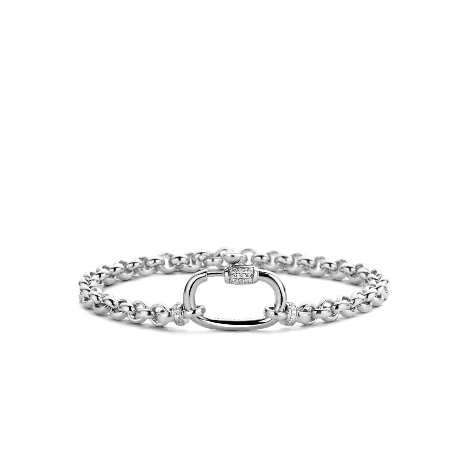 Deze zilveren TI SENTO - Milano rolo armband heeft een stroom van sterling  schakels. Het grote veiligheidsslot is versierd met zirkonia pavé en een parelmoer steen – Het prachtige middelpunt van dit vintage ontwerp.