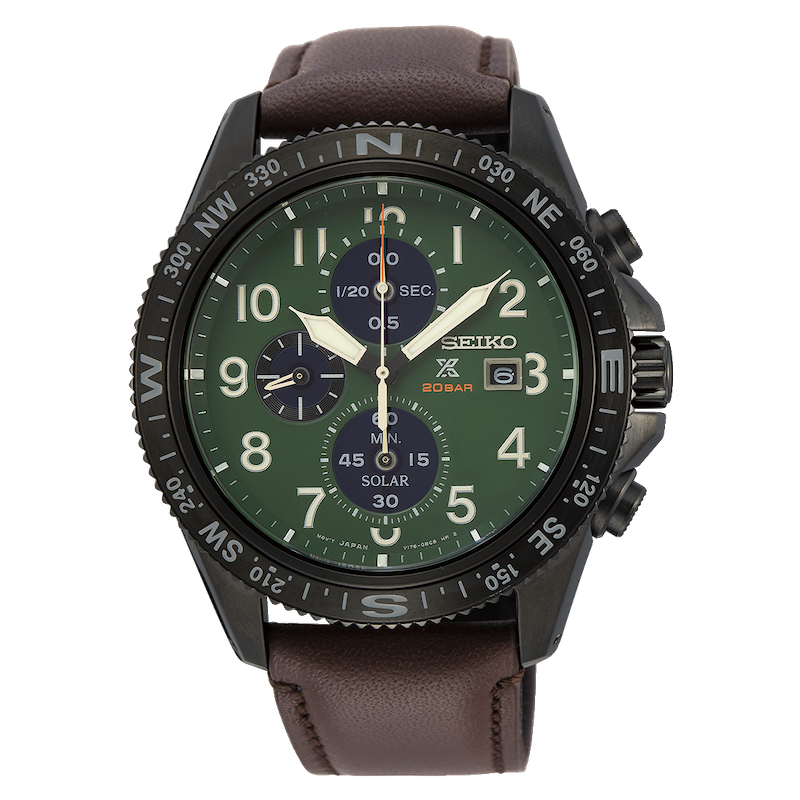 Herenuurwerk uit de Seiko Prospex collectie - Bruine lederen band - Zwarte stalen kast - Groene wijzerplaat multifunctie met datumaanduiding - Chronograaf - Waterdichtheid: 20 ATM
Waterdichtheid: 20 ATM