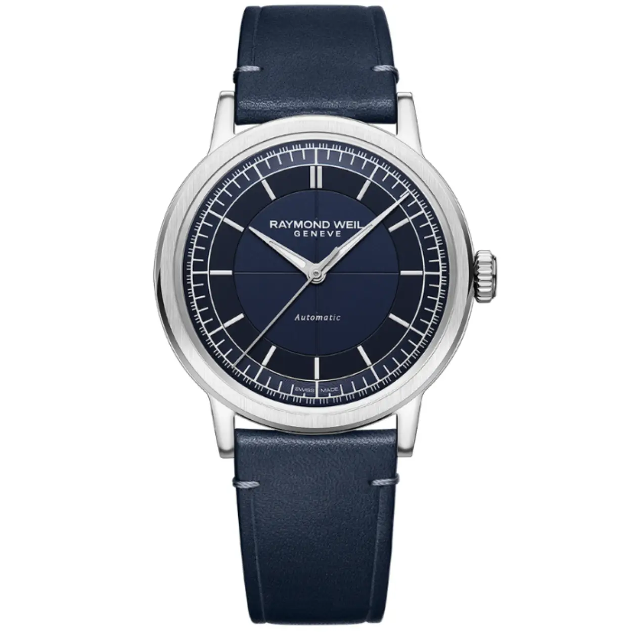 Raymond Weil Millesime Automatic edelstalen polshorloge 39,5 mm met blauw lederen band blauwe wijzerplaat met index. 5 ATM waterdicht.
Voor deze inaugurele millesime-collectie brengt RAYMOND WEIL hulde aan het rijke erfgoed en de tradities van de uurwerken en viert hij de eenvoud van verfijnd design. Millesime uurwerken bieden een historische charme gecombineerd met hedendaagse bruikbaarheid.

De wijzerplaat, die zich onder een vintage-geïnspireerde doos van saffierkristalglas bevindt, is tot in de hoogste graad verfijnd. De uren en minuten worden welsprekend overgebracht met zilverkleurige wijzers, bekleed met Super-LumiNova®. De sectorwijzer geeft de uren, minuten en seconden weer op afzonderlijke sporen, wat de leesbaarheid vergroot.

Een nadere inspectie van de wijzerplaat onthult contrasterende afwerkingen, het uurspoor is glad, het minutenspoor is geslakken en het centrale gedeelte van de wijzerplaat is versierd met een delicaat verticaal penseel. De millesime heeft een kleine secondeaanduiding op 6 uur, afgebakend met een nette verzonken cirkel, die een ogenschijnlijk spel met dieptes introduceert, dat is verrijkt met een smaakvolle selectie van details.

De bezel is versierd met een verticale satijnborstel die prachtig contrasteert met de hoogglans gepolijste afschuining in de buurt. Deze nevenschikking van twee afwerkingen versterkt het algehele afwerkingsniveau.

Een saffieren achterkant van de kast biedt zicht op het zelfopwindende uurwerk binnenin en het "W-vormige" oscillerende gewicht, de uurwerksignatuur van RAYMOND WEIL. De band van echt kalfsleer is voorzien van een uniek W-gestikt detail.

Zoals de naam al doet vermoeden, is de collectie een grootse vintage interpretatie van het merk RAYMOND WEIL.