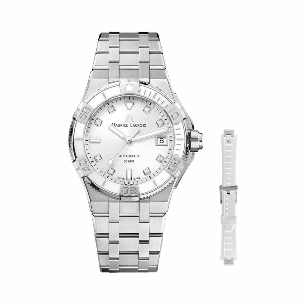 Dit horloge is van het merk Maurice Lacroix. Het is een analoog horloge met een band gemaakt van rubber.De diameter van de kast is38 mm.
De verdere specificaties van het horloge zijn als volgt:
Glassoort: saffier
Kastmateriaal: edelstaal
Techniek: automatisch
Kastkleur: zilver
Kastvorm: rond
Wijzerplaatkleur: wit
Bandkleur: wit
