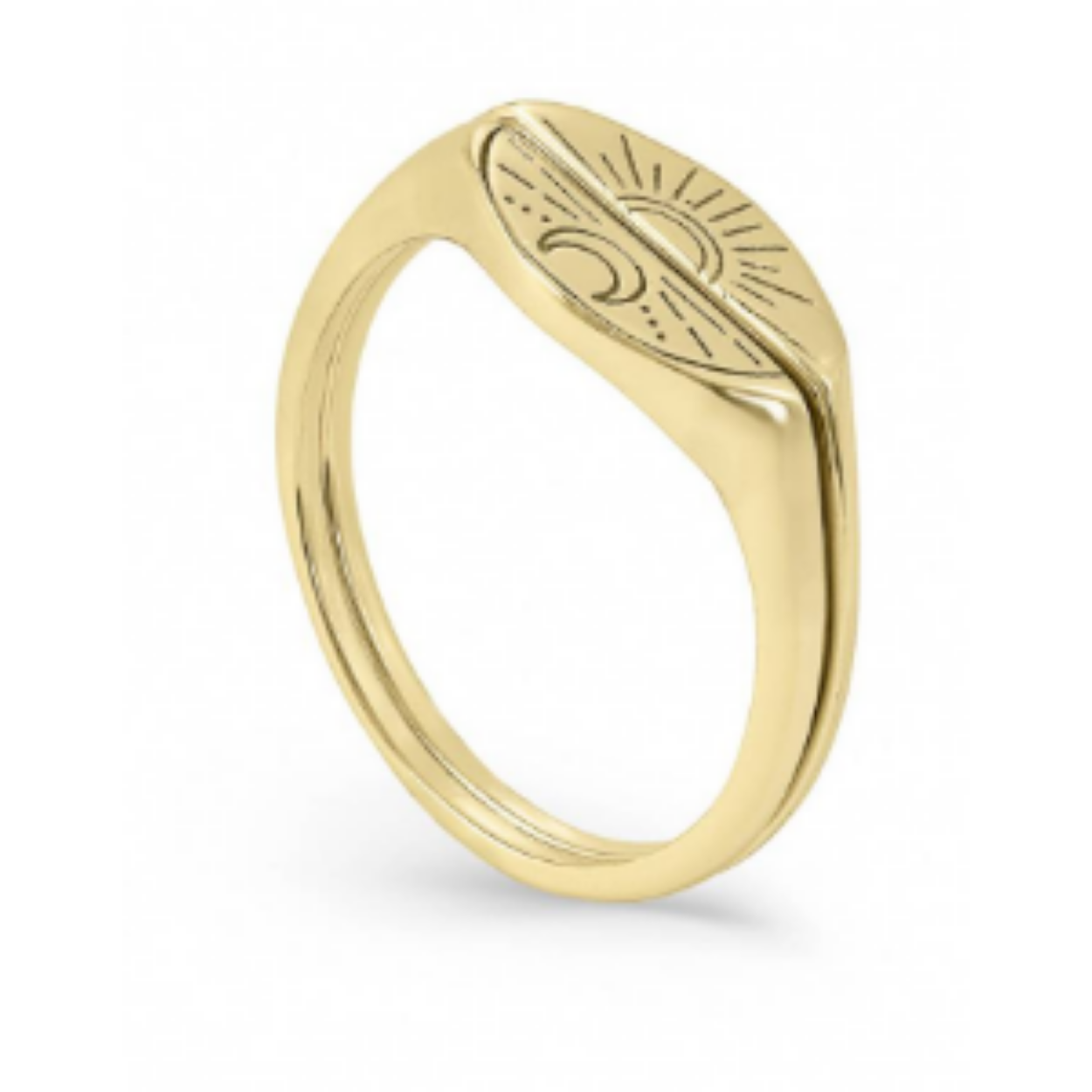 Fijn vergulde zilveren ringen verdeeld ontwerp met gegraveerd detail van maan en zon. Ideaal om te combineren met andere fijne ringen uit onze collectie.