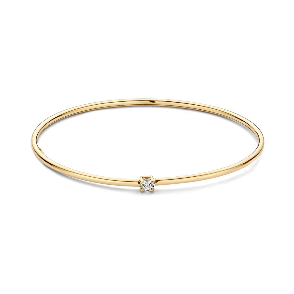 Geelgouden bangle met ronde band, gezet met een zirkonia.
