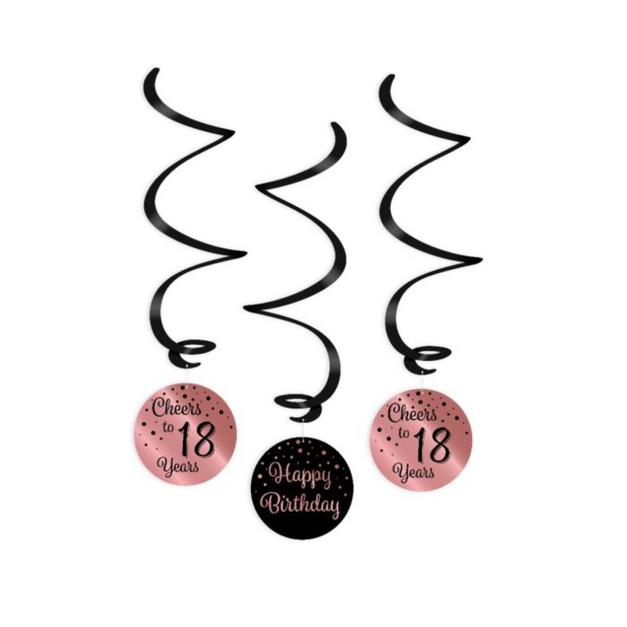 Een luxe feestje kan niet zonder deze rose/black swirl decorations en deze met opdruk 18 maakt het feestje echt af! Deze unieke roségouden zwarte swirls zijn gemaakt van plastic en papier en zijn ongeveer 17 centimeter lang. 