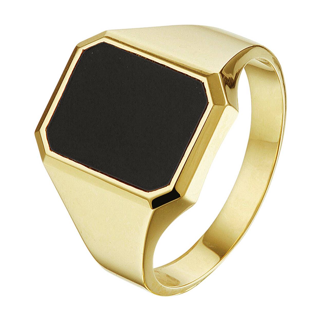 Stijlvolle geelgouden zegelring uitgevoerd met een onyx steen. De robuuste afkanteningen van de ring maken dit sieraad helemaal af. De ring geeft je look direct een chique uitstraling.