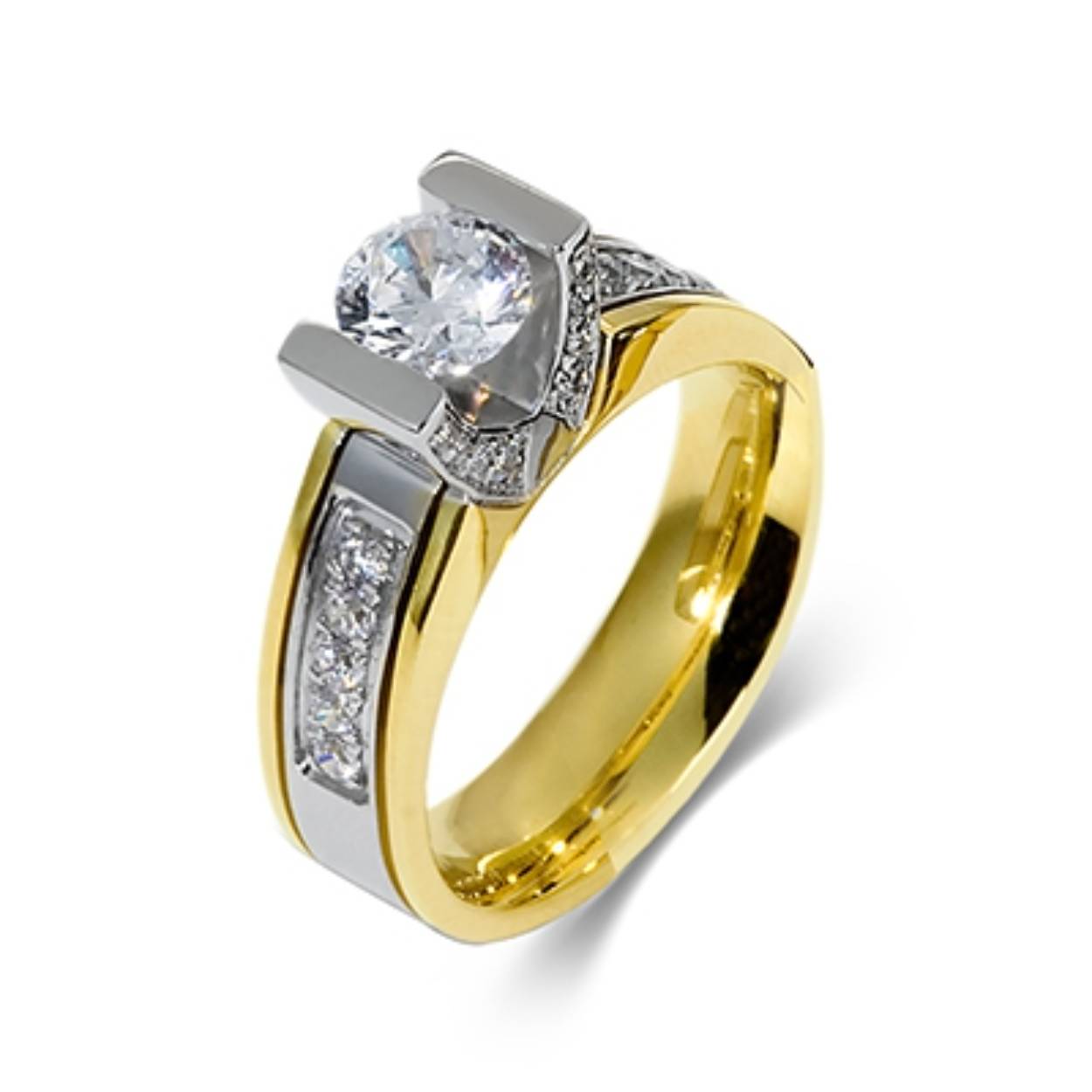 585 bicolor trouwringen geel/witgoud, 6 mm breed, glanzend. De damesring is gezet met totaal 1.225 ct briljant.
Prijs is op aanvraag