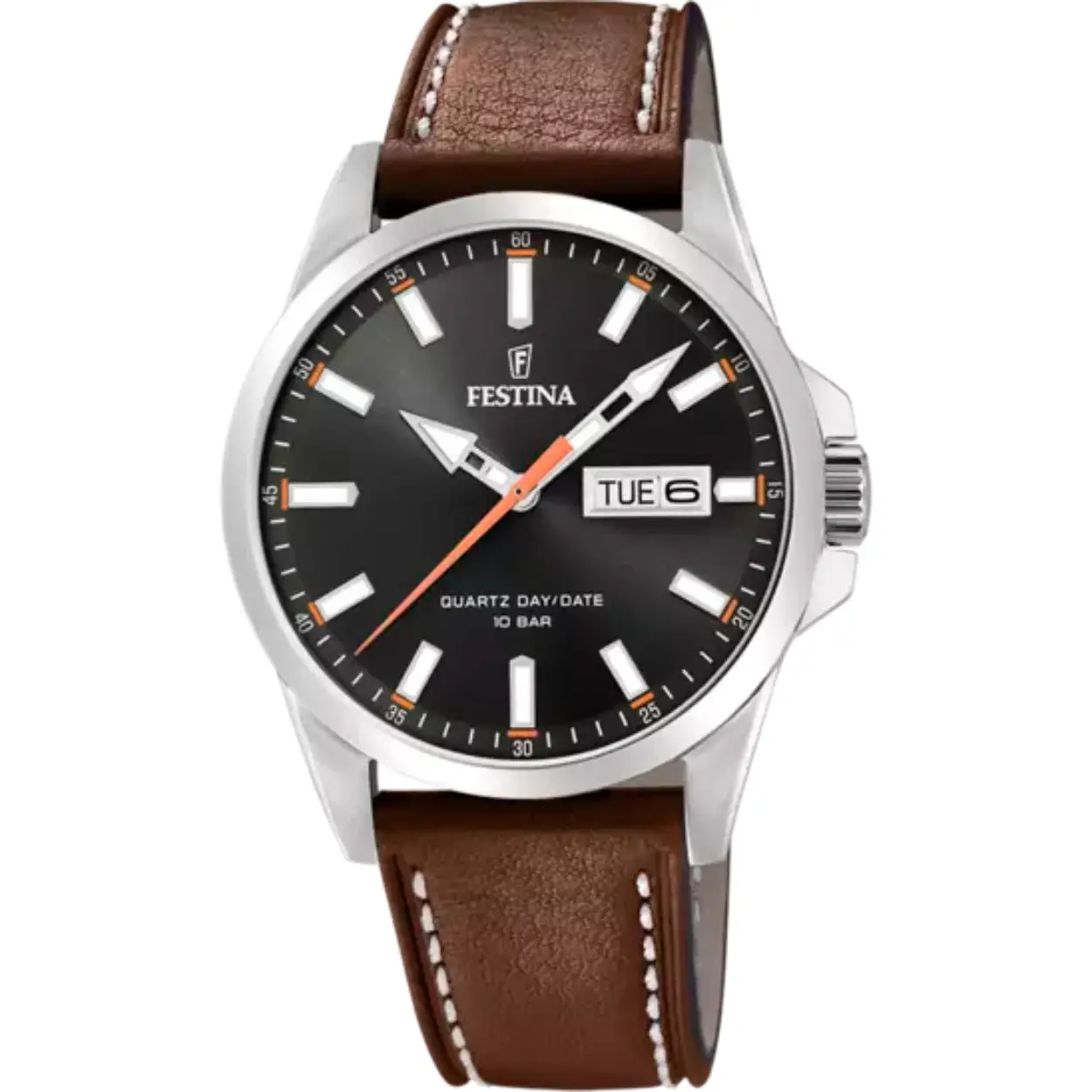 Herenuurwerk van Festina uit de 'Classics' collectie
Bruine lederen band
Zilverkleurige stalen kast
Zwarte wijzerplaat met dag/datumaanduiding
Waterdichtheid 10 ATM