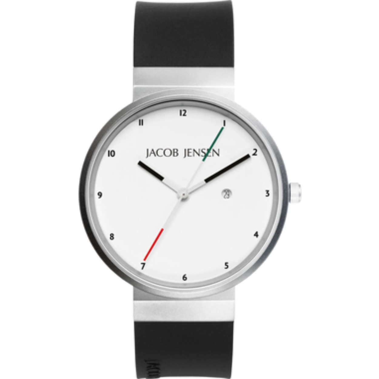 De New collectie is de meest beroemde collectie van Jacob Jensen. Met de collectie werd in 2012 de begeerde Red Dot Design Award gewonnen, omdat de jury onder de indruk was van het minimalistische ontwerp, dat in al haar eenvoud zorgt voor een verscherpte perceptie van de essentie.

De Jacob Jensen New 703 is een nieuwe, extra grote uitvoering van het horloge met de witte wijzerplaat. De karakteristieke dubbele secondewijzer is aan een kant rood, in het midden wit en aan de andere kant groen. De kast van het horloge is van mat roestvrij staal en aan het horloge zit een zwart rubberen horlogeband, die door de bijzondere bevestiging eenvoudig (zelf) uit te wisselen of te vervangen is.

Het 39 millimeter brede horloge heeft mineraal glas en een betrouwbaar Zwitsers Ronda quartz uurwerk, dat naast de tijd, ook de datum aangeeft. De Jacob Jensen New 703 is de grote uitvoering van de New 733 en er is ook een kleinere damesvariant, de New 743.