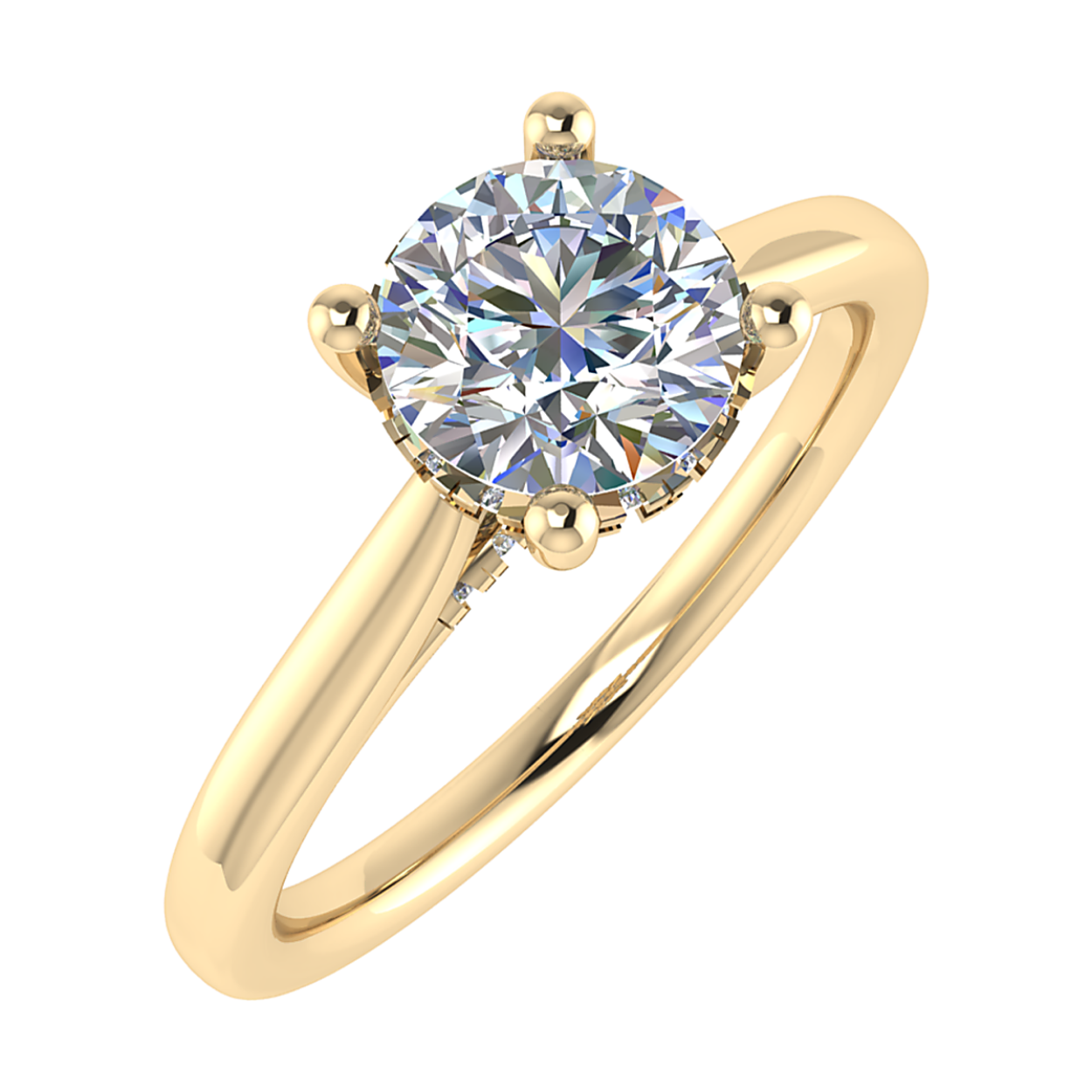 14k geelgouden lab grown diamanten ring met een hidden halo zetting. lab grown diamant is 0.76 caraat en heeft een E kleur