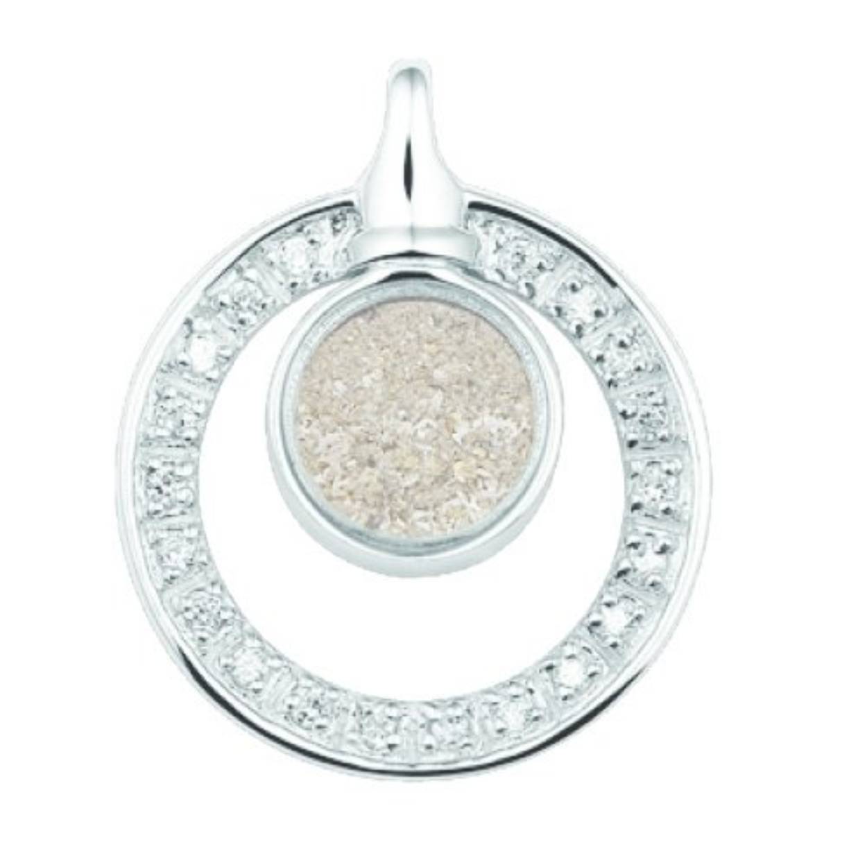Zilver gerhodineerde fantsie as - hanger in de vorm van een cirkel helemaal bezet met zirconias en glas voor eventueel as in te verwerken. SEE-108SGL