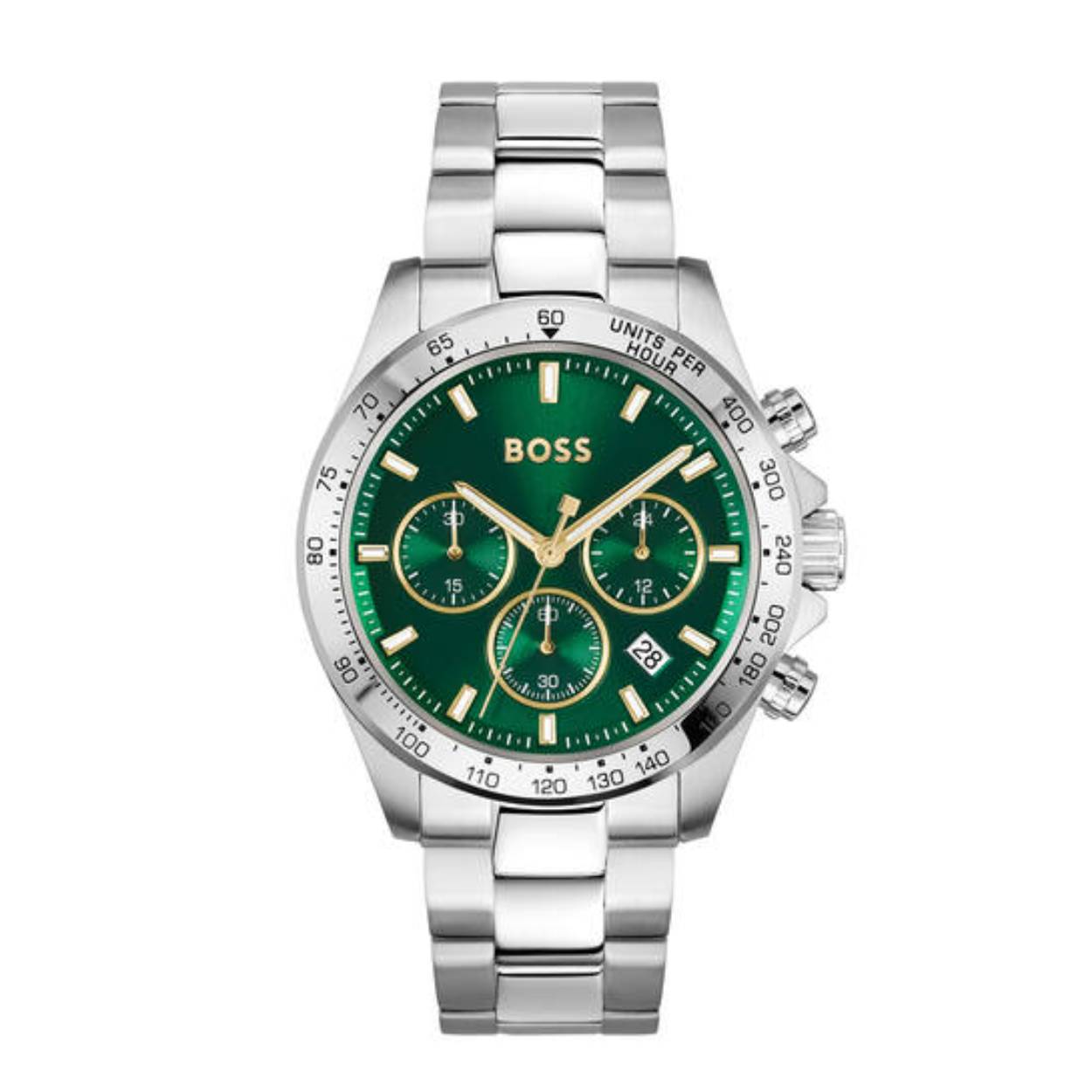 BOSS HB1514273 HERO Herenhorloge 43mm 
Dit BOSS horloge uit de HERO serie met artikelnr: HB1514217 heeft een stoere sportieve uitstraling. Zeer geschikt voor de moderne stijlvolle man van nu. Het herenhorloge valt op door zijn stalen horlogekast met een bedrukte bezel en een groene sunray wijzerplaat met BOSS logo, chronograaf en een datum. Opvallend zijn de wijzers die met lumibrite zijn ingelegd. Aan de kast zit een stalen mat glanzende schakelband met een vouwsluiting. Het horloge heeft een doorsnee van 43mm met een mineraalglas en is 5ATM. 

HET MERK:
HUGO BOSS is afgestemd op levensstijlen waar het gaat om kwaliteit en precisie. Het wereldwijde fashionlabel is verdeeld in twee merken: BOSS en HUGO. Het merk BOSS biedt geavanceerde, moderne horloges gericht op kwaliteit en design om een onberispelijke look te creëren – of het nu zakelijk, casual of sportief is. De horloge collectie van BOSS is perfect afgestemd op levensstijlen waar het gaat om kwaliteit en precisie. BOSS is op maat gemaakt in een onberispelijke stijl.

Blijf stijlvol bij de tijd. Voor de BOSS-vrouw is stijl het handelsmerk en draait alles om
details. Breng uw look naar een hoger niveau met onze nieuwe en kenmerkende horlogecollectie.

SPECIFICATIES:
- Mineraalglas
- Ronde kastvorm, Ø 43mm
- Stalen horlogekast
- Groene wijzerplaat
- Stalen schakelband
- 5ATM