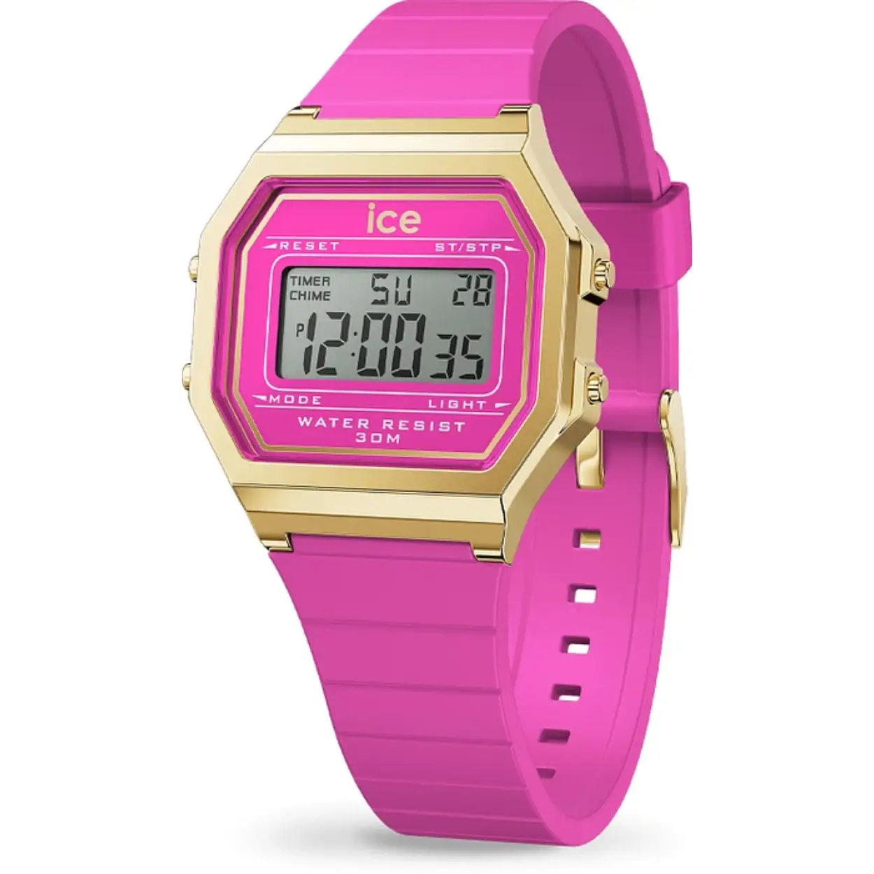 De ICE WATCH DIGIT RETRO BARBIE PINK 022527 is een trendy en opvallend horloge met een uniek design. Dit horloge heeft een digitale tijdaanduiding en een quartz uurwerk, wat zorgt voor een nauwkeurige en betrouwbare weergave van de tijd. Met een diameter van 32 mm en een hoogte van 10 mm heeft dit horloge een compact formaat dat perfect is voor dagelijks gebruik.

De behuizing van de ICE WATCH DIGIT RETRO BARBIE PINK 022527 is vierkant van vorm en heeft een goudkleurige afwerking. De behuizing is gemaakt van kunststof, wat zorgt voor een lichtgewicht en comfortabel horloge om te dragen. De wijzerplaat van dit horloge is opvallend roze van kleur, wat zorgt voor een speelse en vrolijke uitstraling.

Het glas van de ICE WATCH DIGIT RETRO BARBIE PINK 022527 is gemaakt van mineraal, wat zorgt voor een goede bescherming tegen krassen en stoten. De band van dit horloge is ook roze van kleur en gemaakt van siliconen, wat zorgt voor een comfortabele pasvorm om de pols. Dit horloge heeft geen datumweergave en is spatwaterdicht met een waterdichtheid van 3 bar.