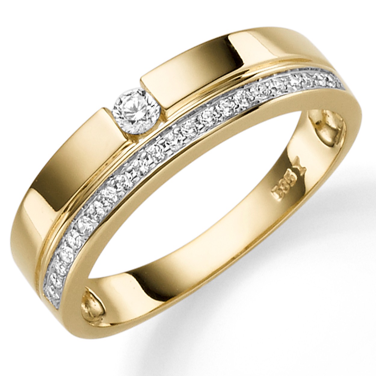 Brede Fantasie Solitair Ring Klemzetting met Pavé Rij, 1-0,06 G SI 20-0,11 G SI