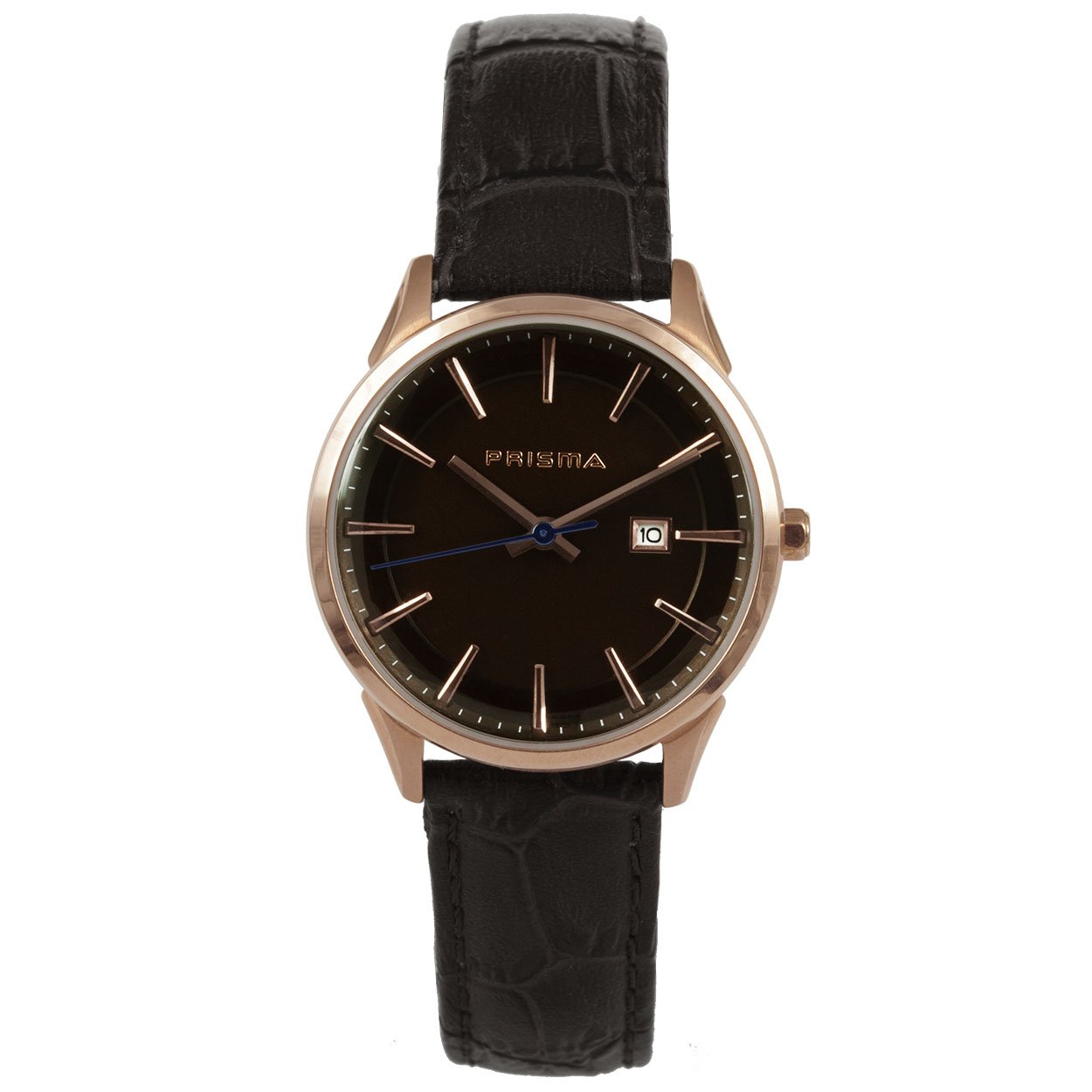 P1572
Prisma dames horloge met lederen band.
- Kast maat: 30mm
- Kast dikte: 8mm
- Kast materiaal: Rosegoudkleurig edelstaal 
- Kast coating: Verguld (IPRG)
- Uurwerk type: Seiko VX82 met datum
- Glas type; Mineraal
- Waterdichtheid: 3 ATM- Horlogeband: Bruin lederen band met gespsluiting
- Maat aansluiting band: 15mm
- Wijzerplaat; Bruin met ros&#233;goud en blauwe aanduidingen.
- Licht functie: Nee
EAN: 8716667162068

Code: catdu
CAT40