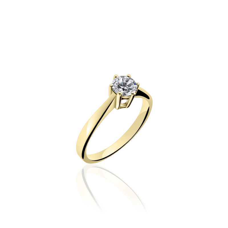 14k Geelgouden ring met een zirkonia, gezet in een chaton met zes zetpoten. Steen heeft een diameter van 4mm