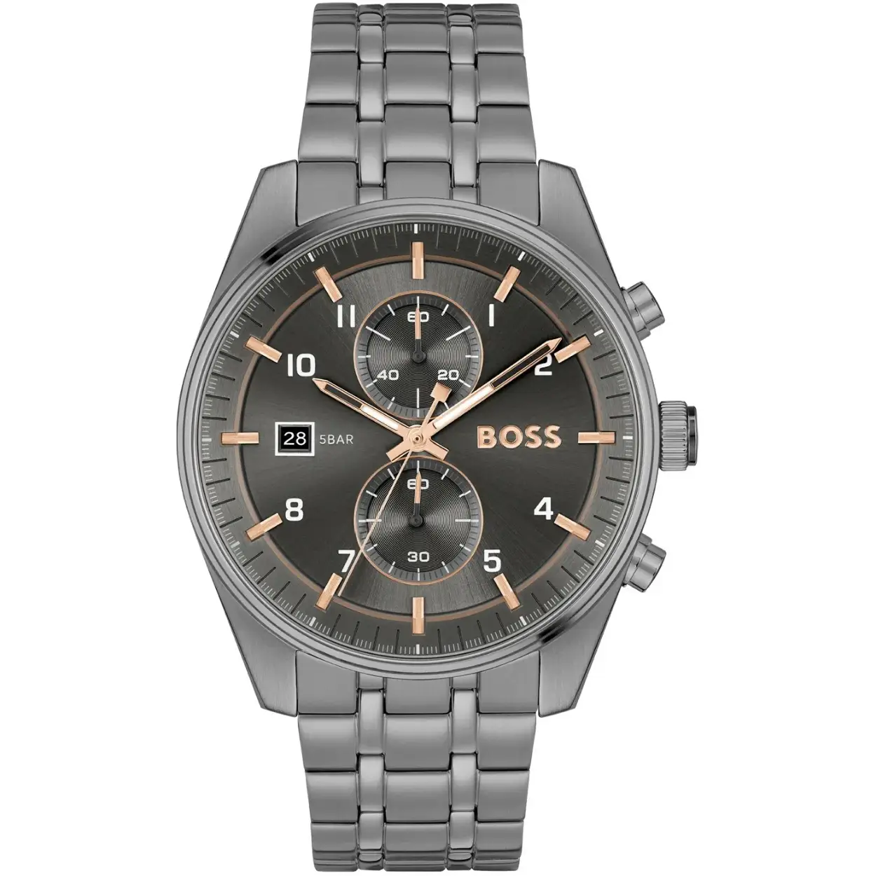 BOSS HB1514153 SKYTRAVELLER Herenhorloge 44mm 
Dit BOSS horloge uit de SKYTRAVELLER serie met artikelnr: HB1514153 heeft een stoere sportieve uitstraling. Zeer geschikt voor de moderne stijlvolle man van nu. Het grijze herenhorloge valt op door zijn stalen horlogekast met een gladde bezel en een grijze sunray wijzerplaat met een chronograaf en datum. Opvallend zijn de wijzers die met kleur en lumibrite de tijd aangeven. Aan de kast zit een grijze stalen schakelband met vouwsluiting. De kast van het horloge heeft een doorsnee van 44mm met mineraalglas en is 5ATM. 

HET MERK:
HUGO BOSS is afgestemd op levensstijlen waar het gaat om kwaliteit en precisie. Het wereldwijde fashionlabel is verdeeld in twee merken: BOSS en HUGO. Het merk BOSS biedt geavanceerde, moderne horloges gericht op kwaliteit en design om een onberispelijke look te cre&euml;ren &ndash; of het nu zakelijk, casual of sportief is. De horloge collectie van BOSS is perfect afgestemd op levensstijlen waar het gaat om kwaliteit en precisie. BOSS is op maat gemaakt in een onberispelijke stijl.

Blijf stijlvol bij de tijd. Voor de BOSS-vrouw is stijl het handelsmerk en draait alles om
details. Breng uw look naar een hoger niveau met onze nieuwe en kenmerkende horlogecollectie.

SPECIFICATIES:
- Mineraalglas
- Ronde kastvorm, &Oslash; 44mm
- Stalen horlogekast
- Grijze wijzerplaat
- Grijze schakelband