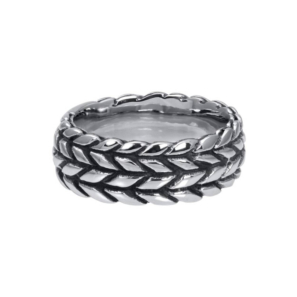 De iXXXi Men single ring Maserati is gemaakt van stainless steel en heeft een antiek zilverkleurige uitstraling. De solitaire ring heeft een symmetrische vorm en is voorzien van een ingegraveerd gevlochten patroon.