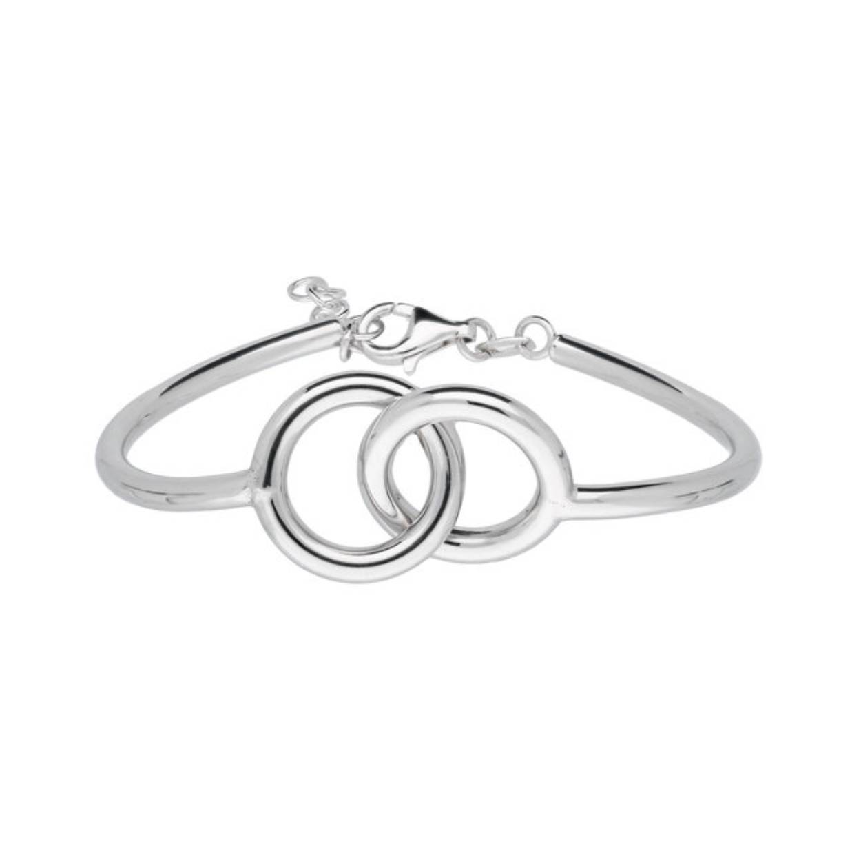Zilveren bangle met twee cirkels die aan elkaar verbonden zijn.